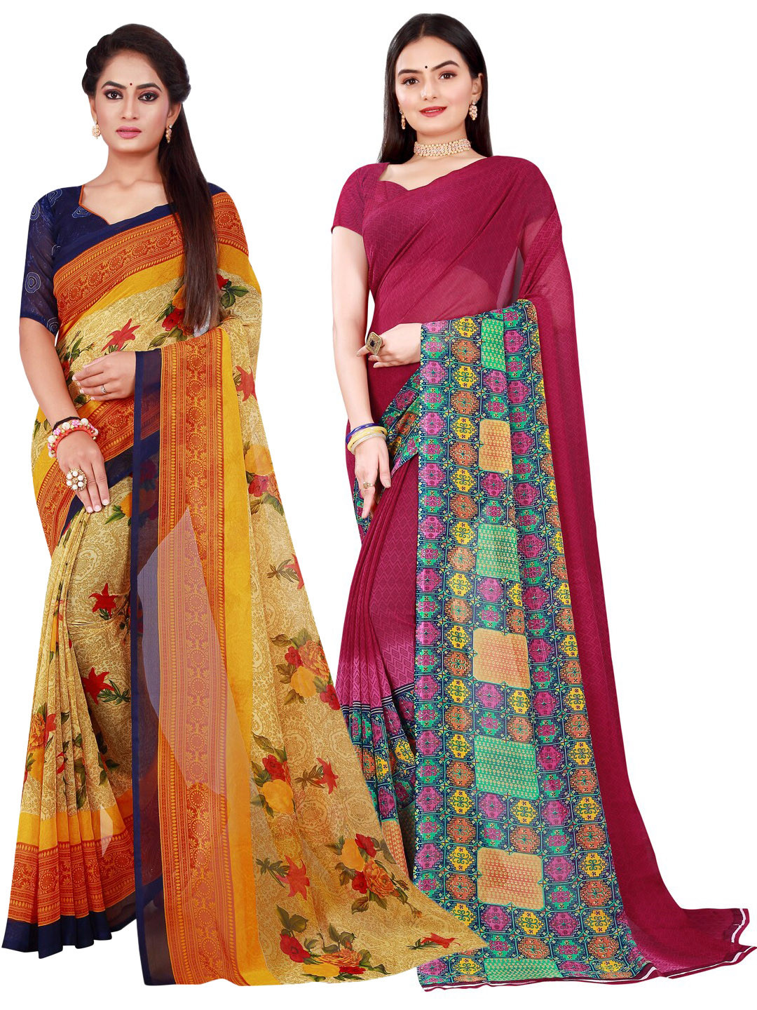 KALINI Beige & Burgundy Set Of 2 Pure Georgette Saree