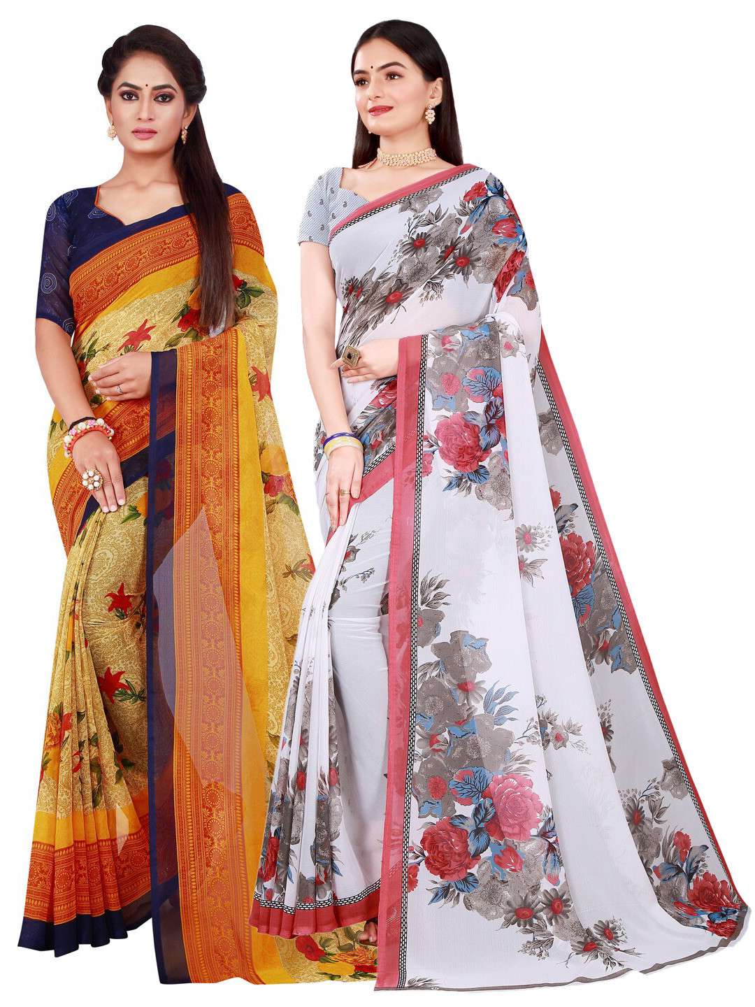 KALINI Beige & White Set Of 2 Floral Pure Georgette Saree