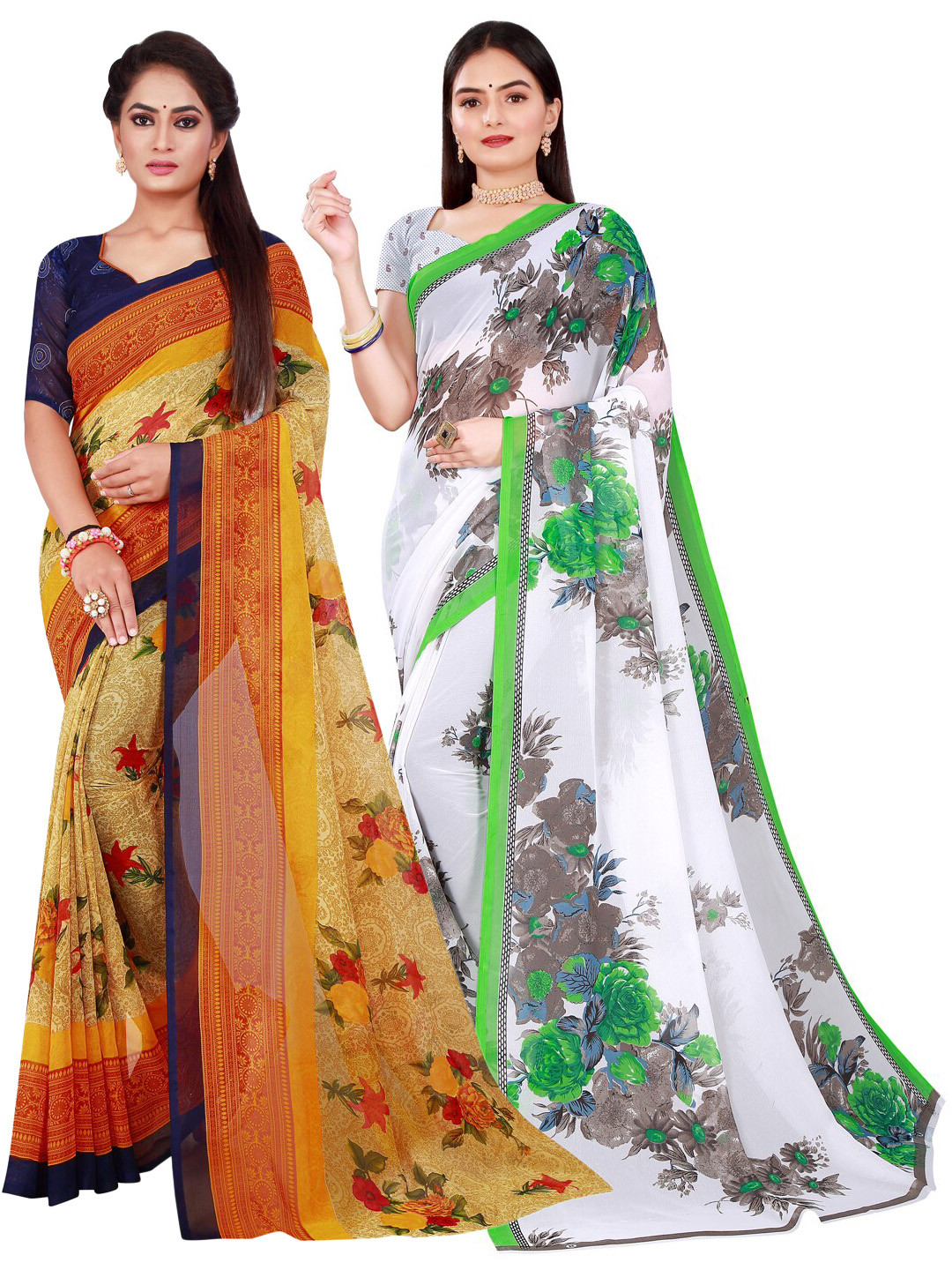 KALINI Beige & White Set Of 2 Pure Georgette Saree