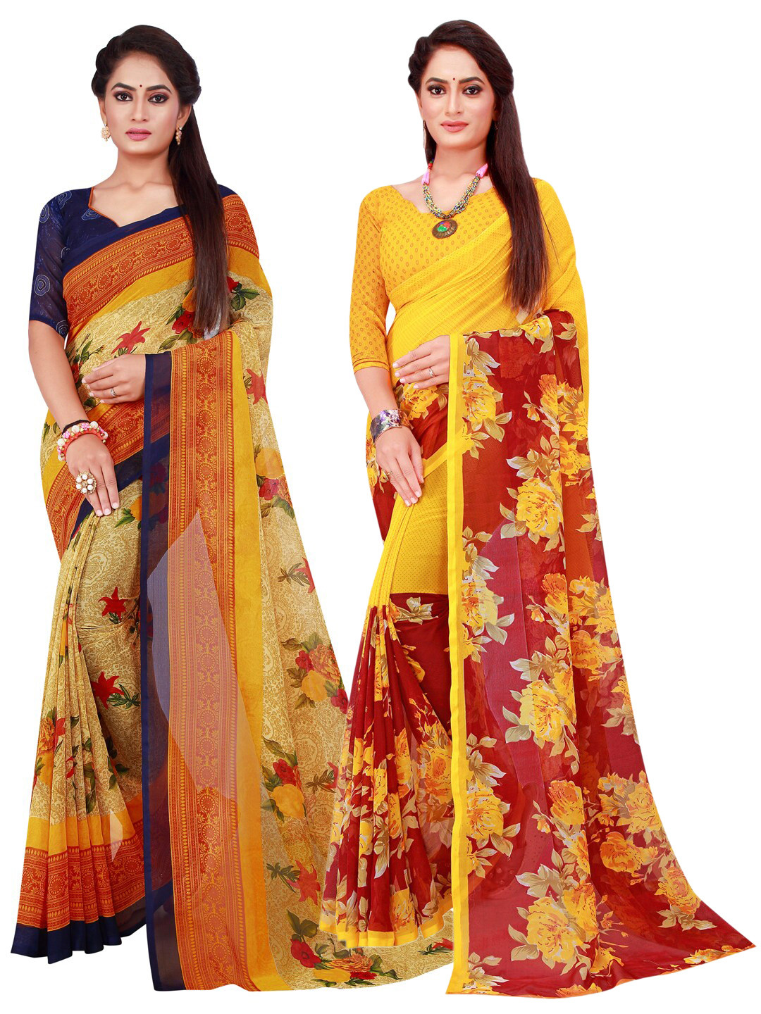 KALINI Beige & Maroon Set Of 2 Pure Georgette Saree