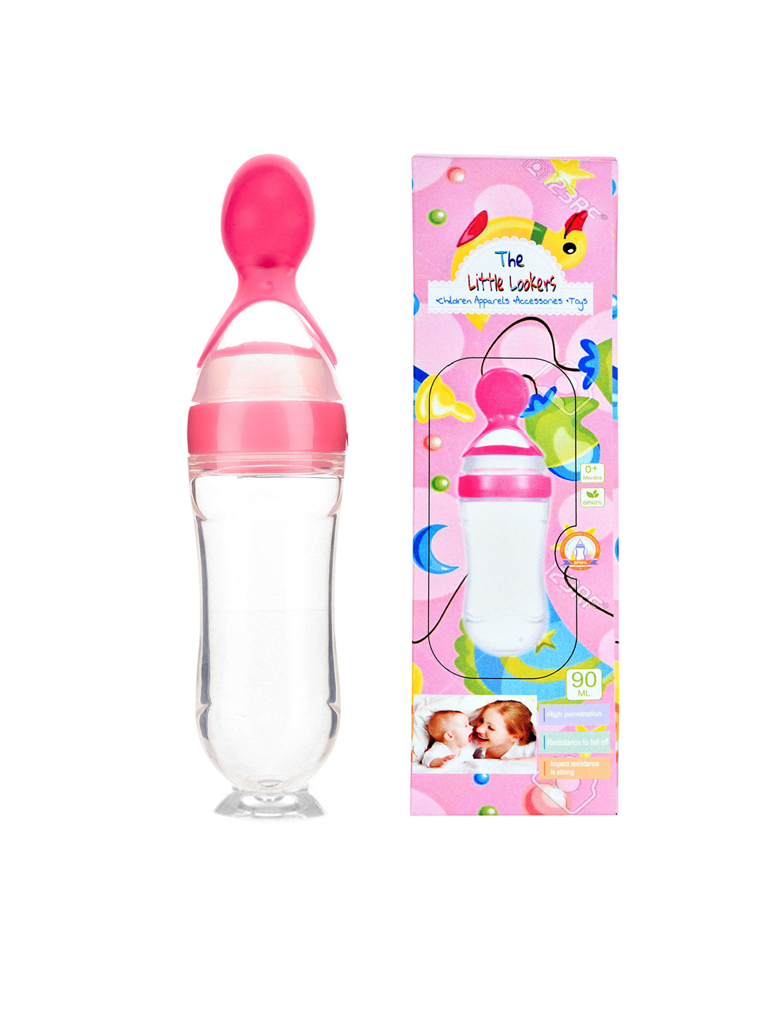 THE LITTLE LOOKERS Kids Pink & Yellow Set Of 2 Soft Silicone Feeding Bottle & Spoon Feeder