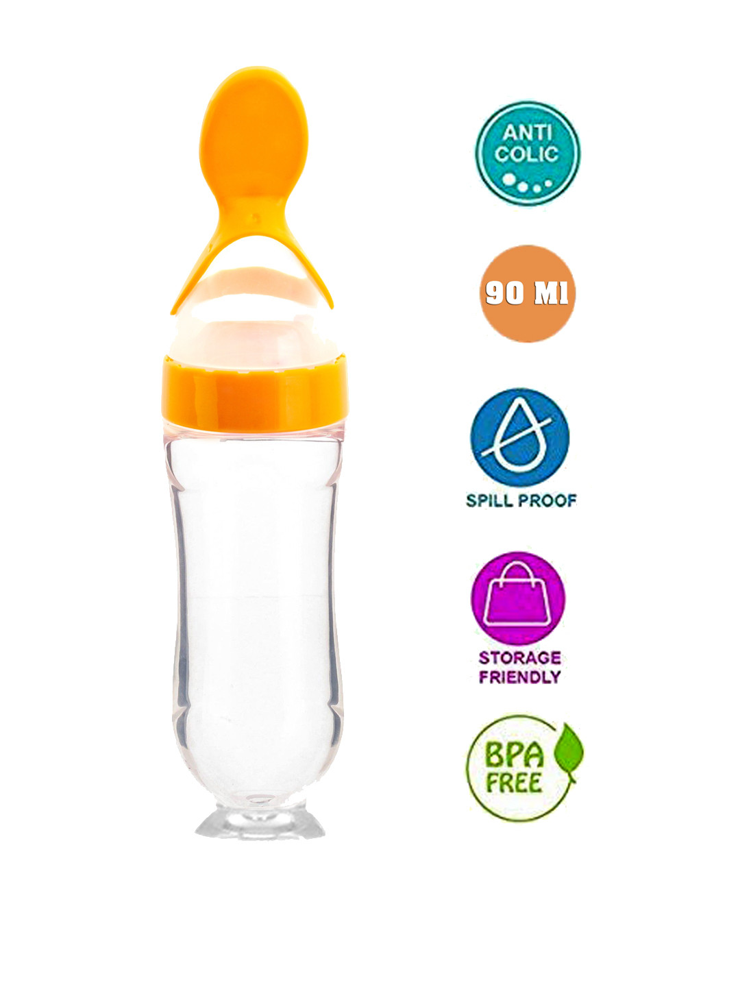 The Little Lookers Kids Yellow Transparent Solid Baby Food Feeding Bottles With Silicone Spoon Head In Feeding Essentials