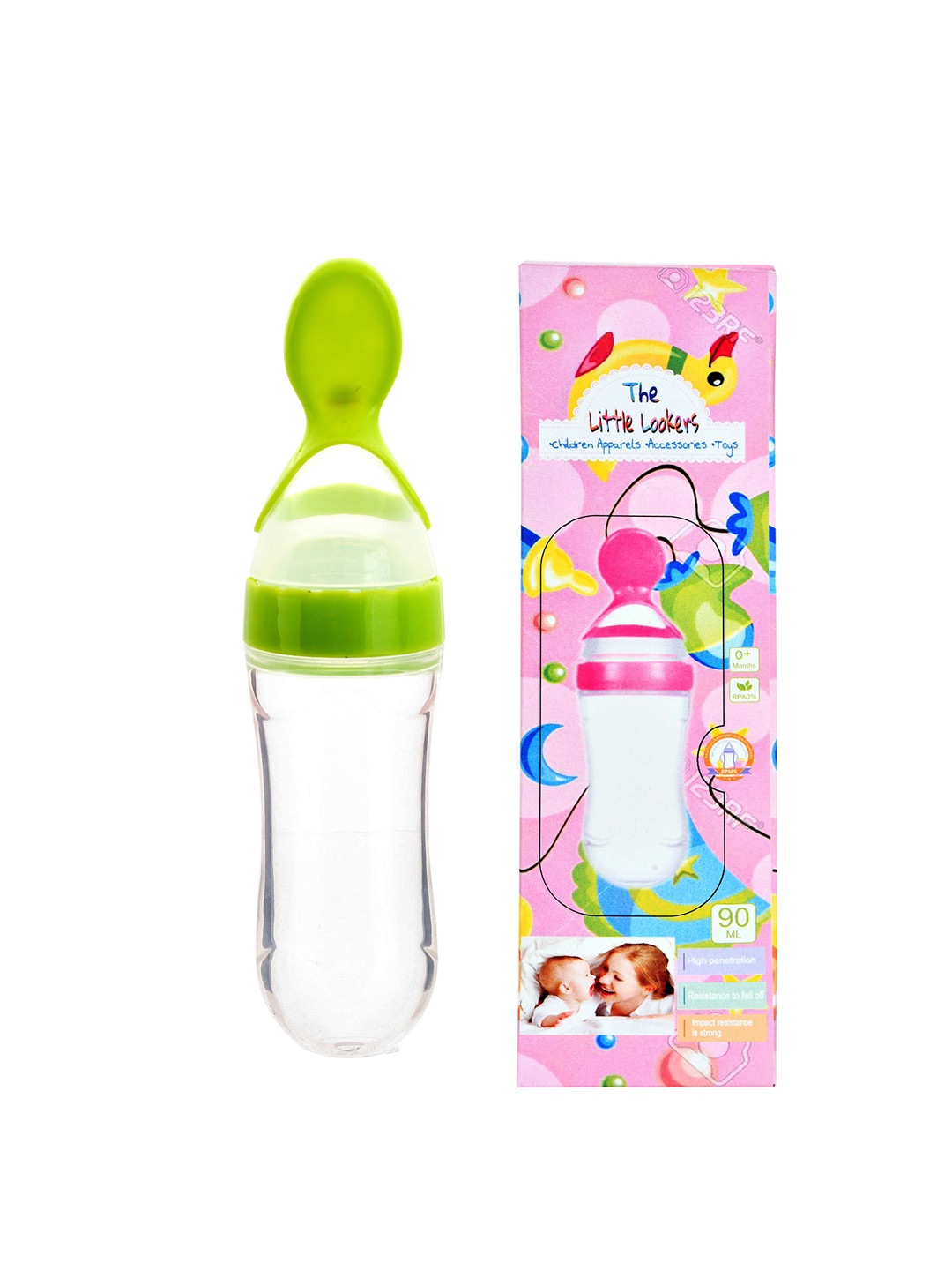 The Little Lookers Kids Green Transparent Solid Baby Food Feeding Bottles With Silicone Spoon Head In Feeding Essentials