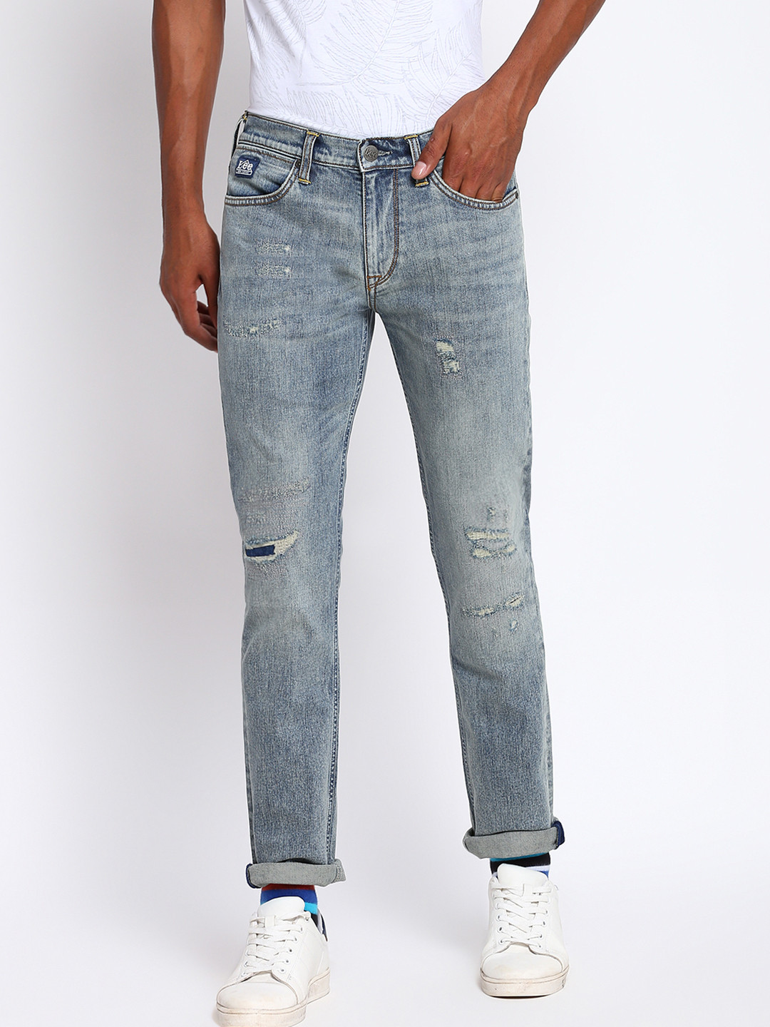 Lee Men Grey Bruce Skinny Fit Mildly Distressed Heavy Fade Stretchable Jeans