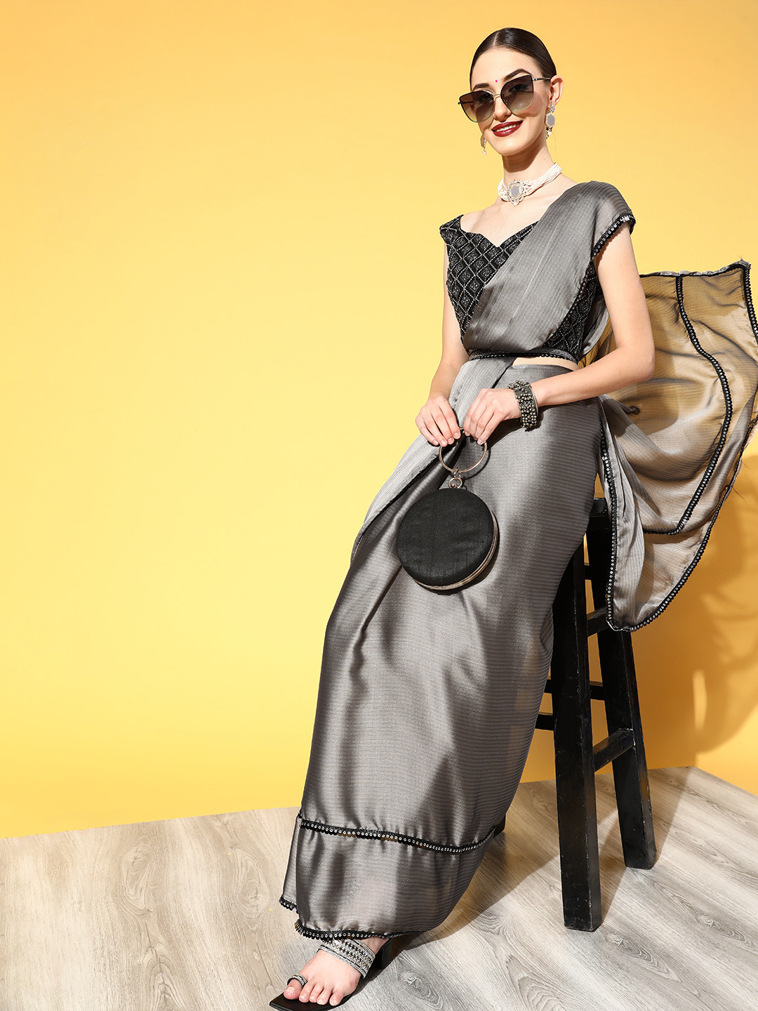 Mitera Grey Solid Saree