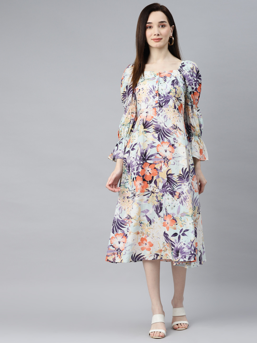 Indibelle Turquoise Blue & Purple Floral Square Neck Midi Dress
