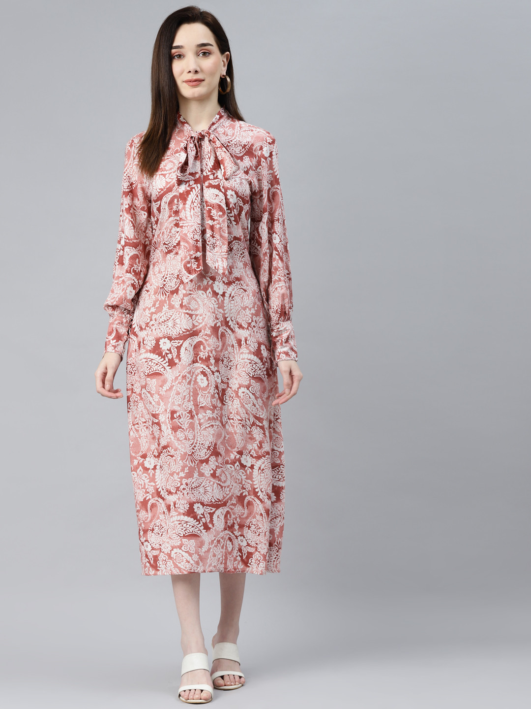 Indibelle Rust Orange & White Ethnic Motifs Tie-Up Neck Ethnic A-Line Midi Dress