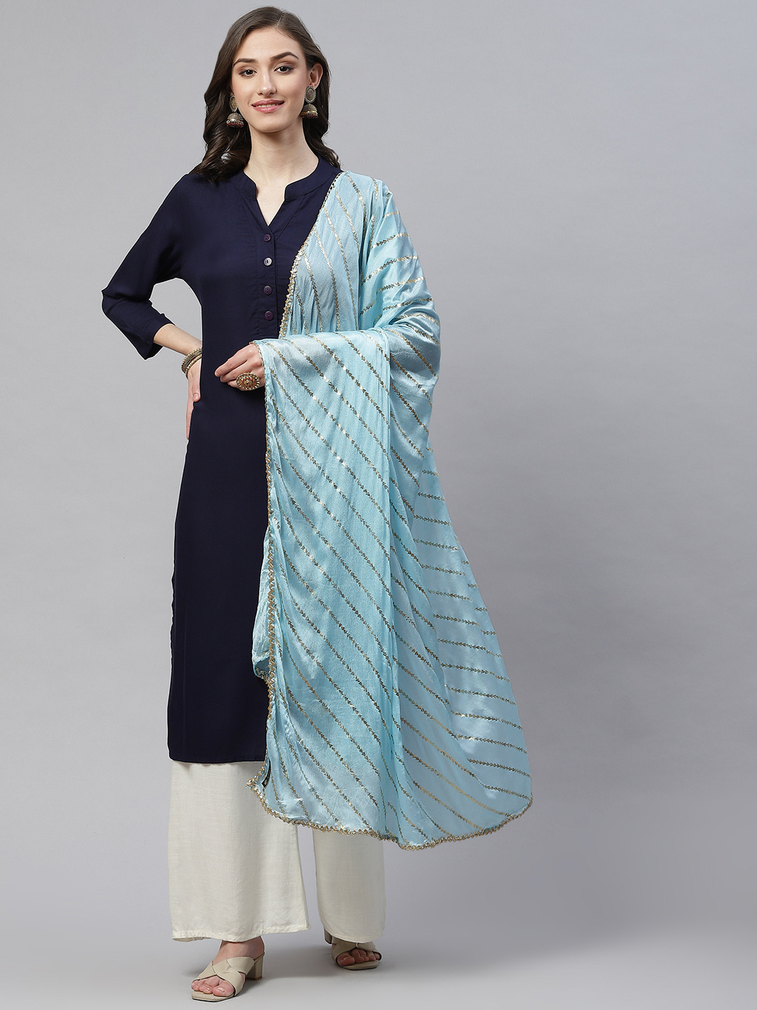 WEAVERS VILLA Turquoise Blue & Golden Striped Cotton Silk Dupatta