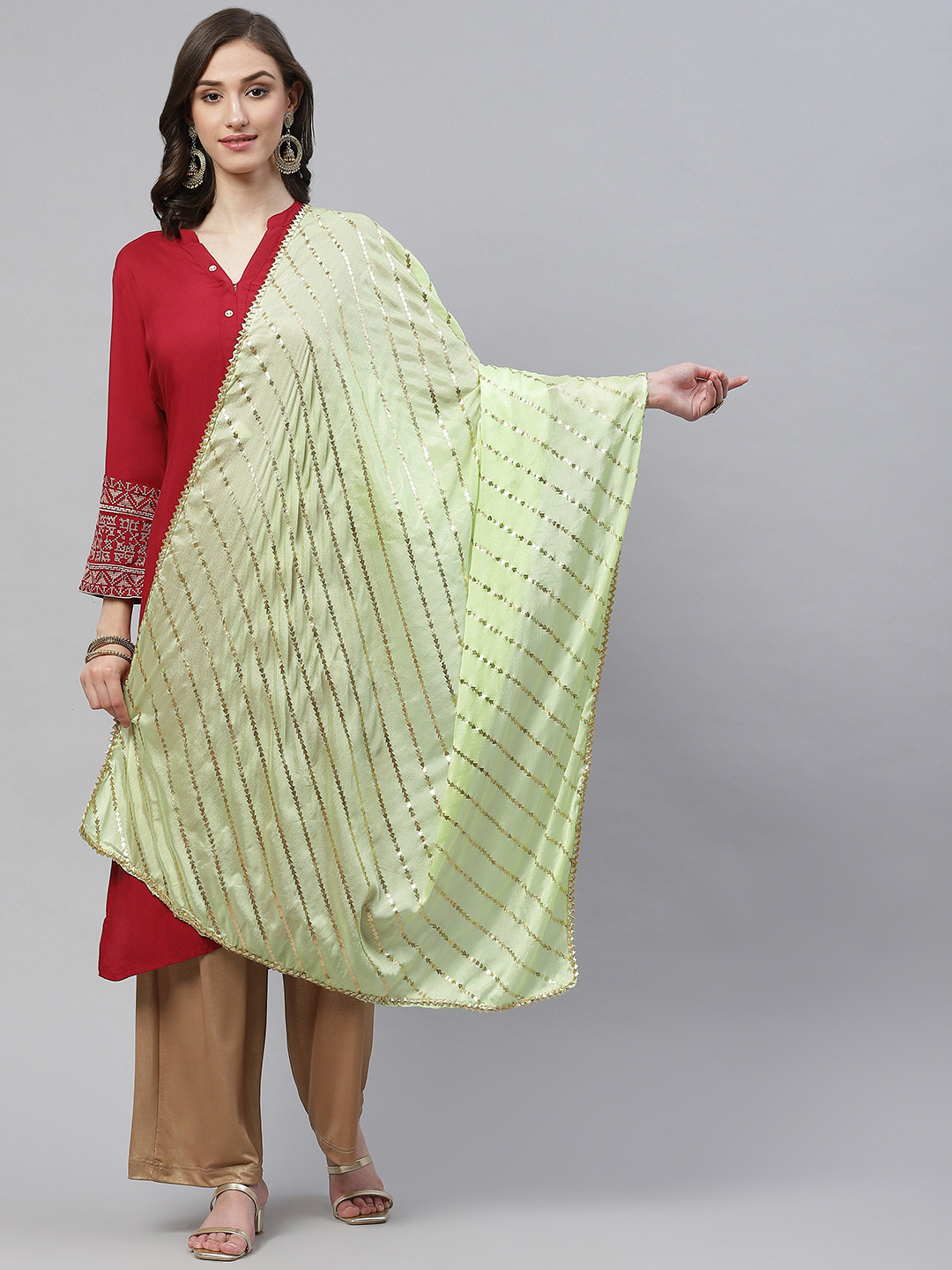 WEAVERS VILLA Green & Golden Striped Cotton Silk Dupatta