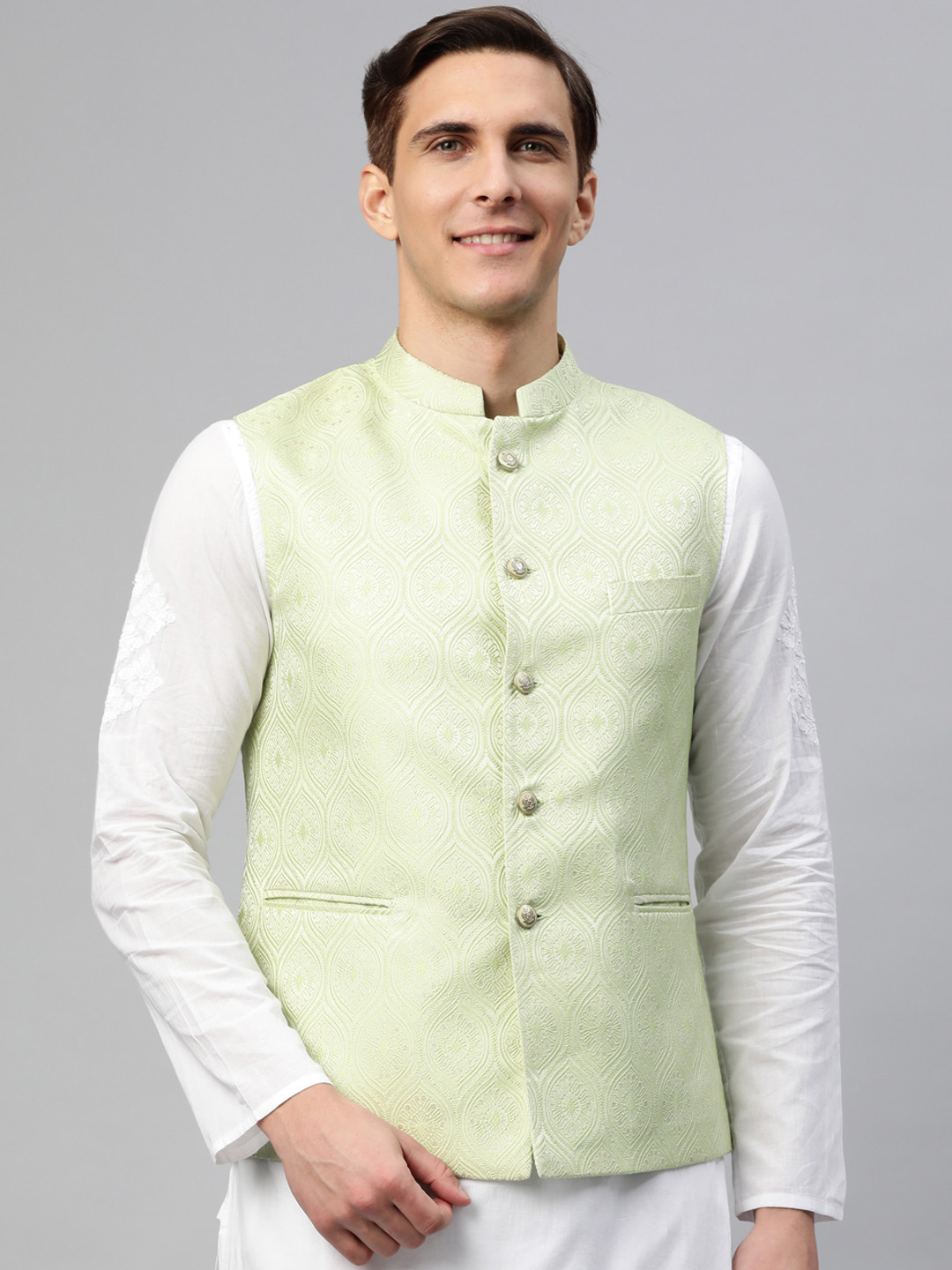 MANQ Green & White Ethnic Motifs Jaquard Woven Design Nehru Jacket