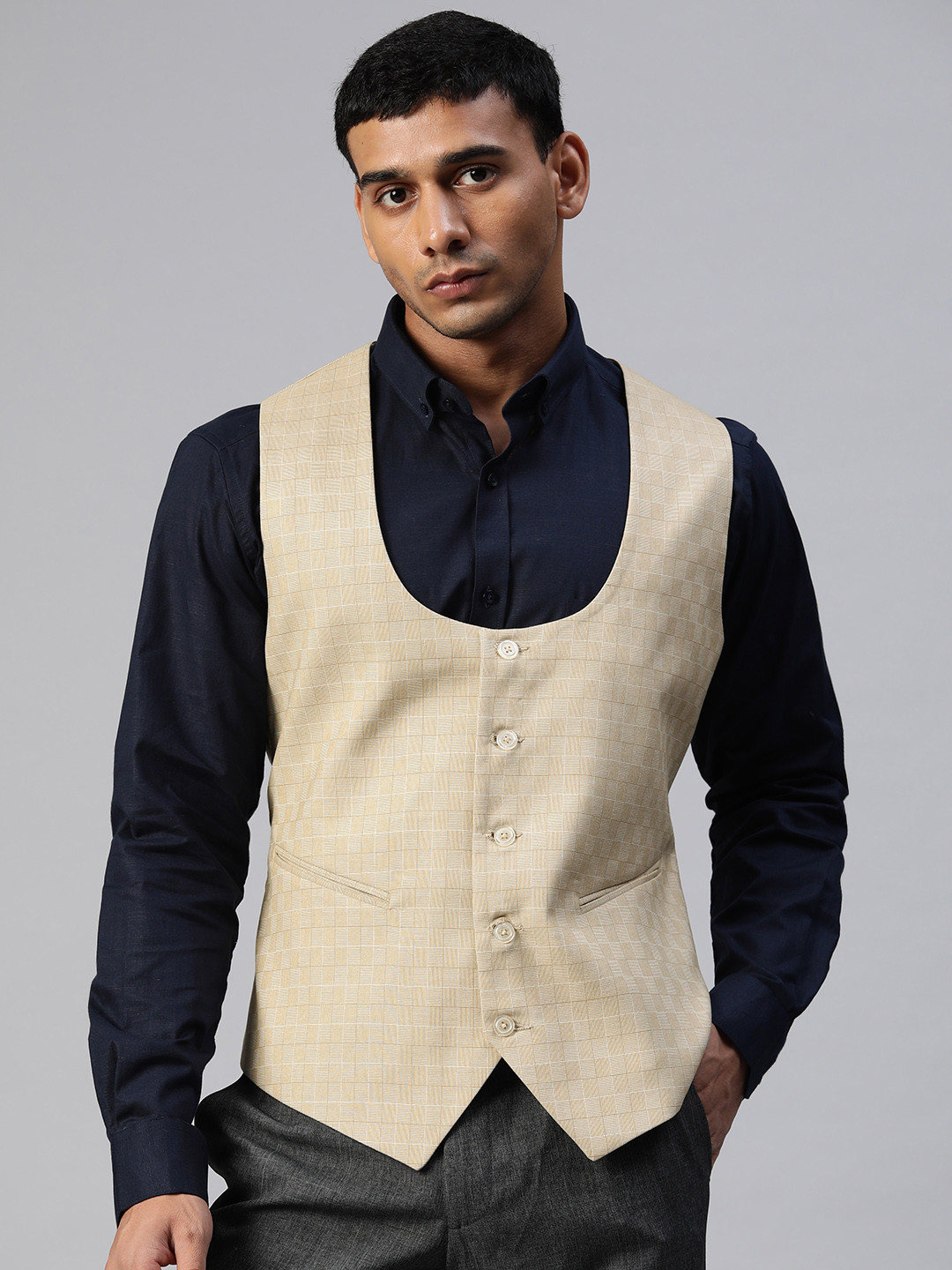 MANQ Men Beige Self Checked Slim Fit Formal Waistcoat