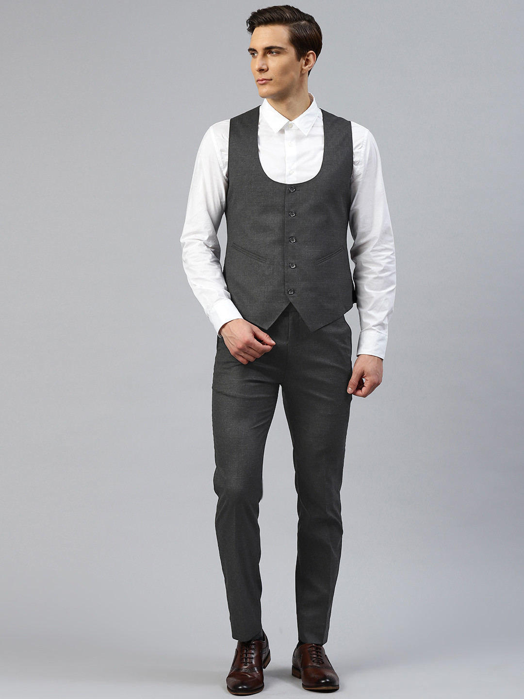 ManQ Men Charcoal Grey Self Checked 2-Piece Slim Fit Formal Suit