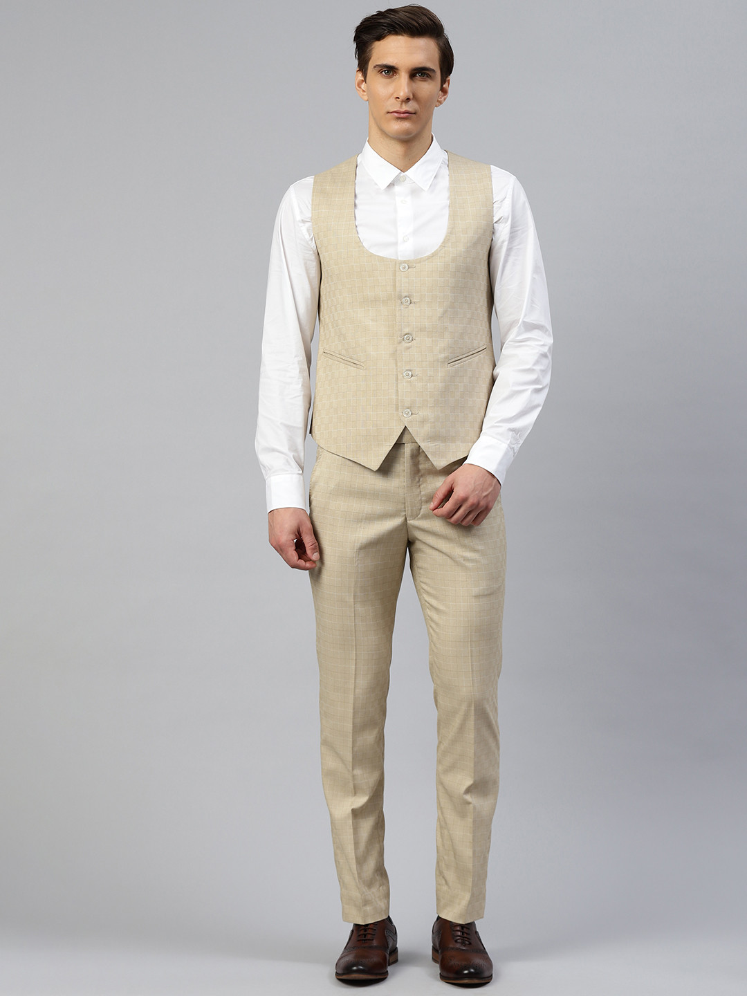 ManQ Men Beige Self Checked 2-Piece Slim Fit Formal Suit