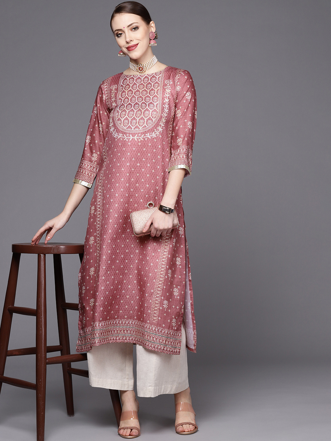 Varanga Women Mauve & Cream-Coloured Ethnic Motifs Printed Kurta