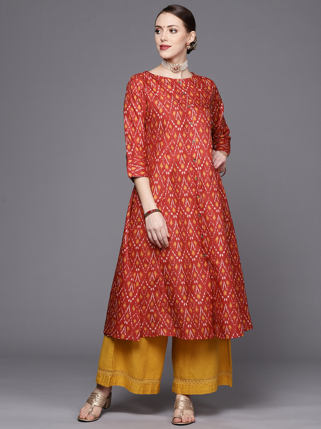 Varanga Women Rust & Mustard Yellow Ethnic Motifs Printed Kurta