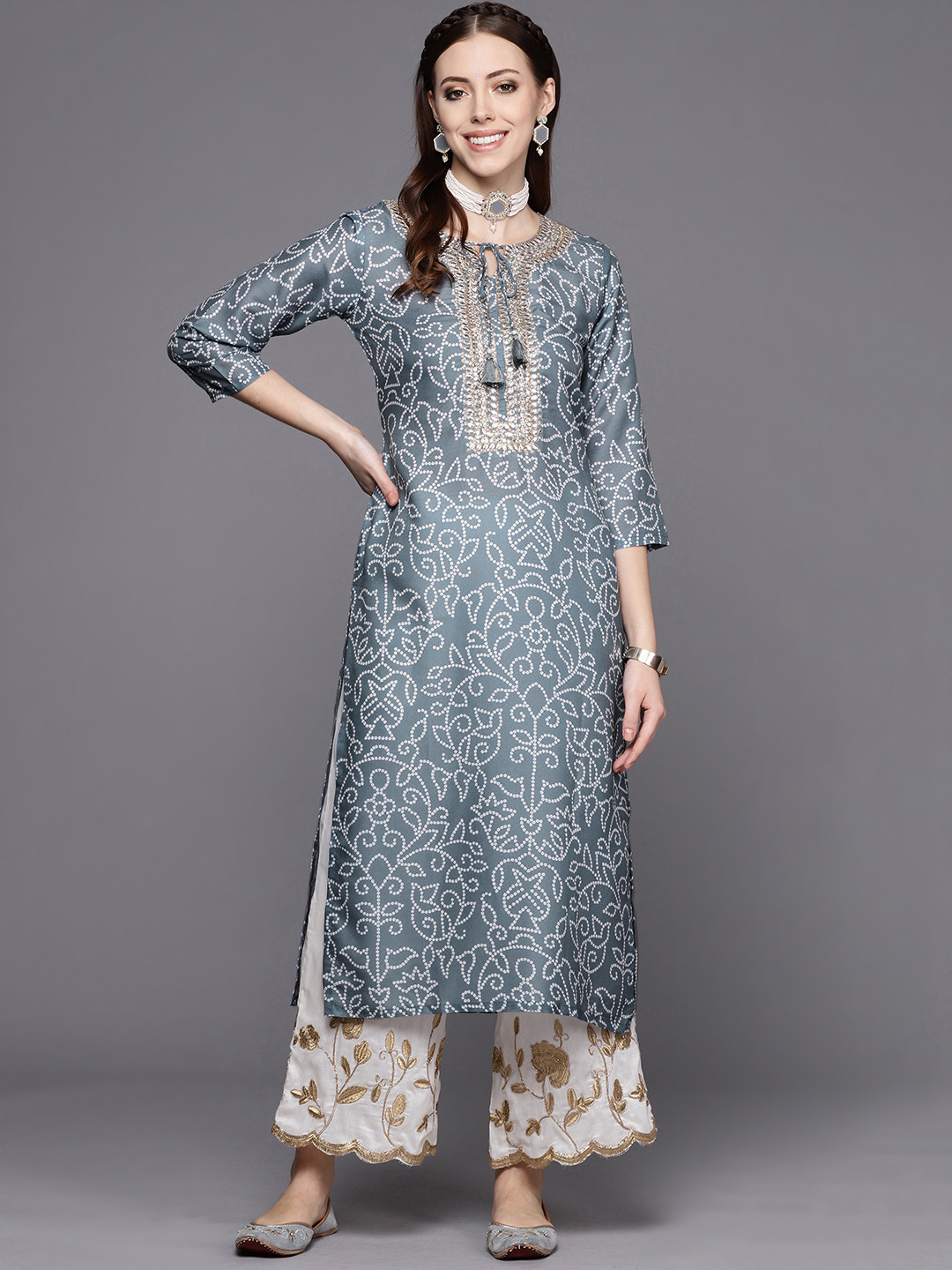 Varanga Bandhani Printed Gotta Patti Tie-Up Neck Silk Straight Kurta