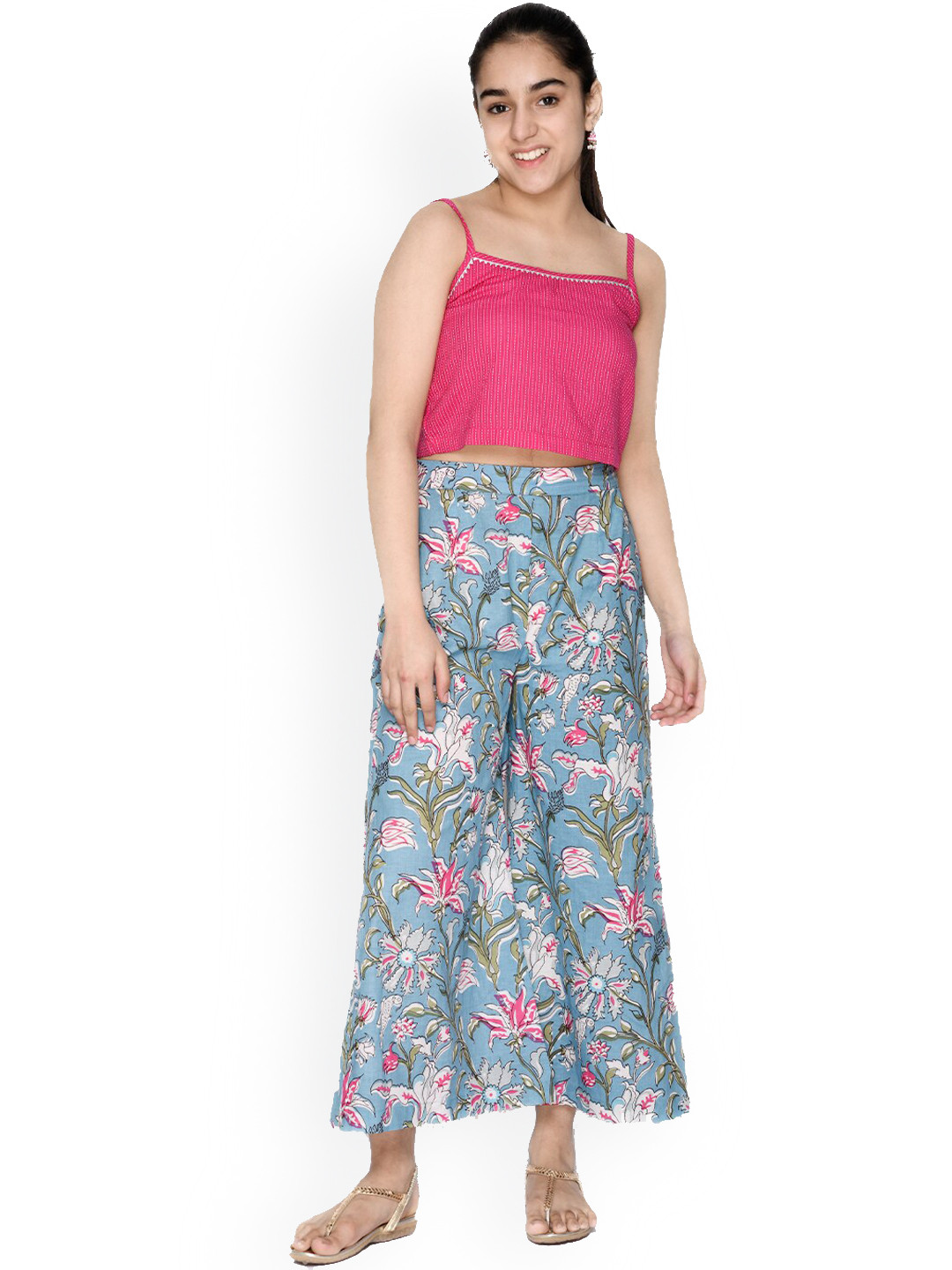 SAKA DESIGNS Girls Magenta & Blue Striped Top with Palazzos