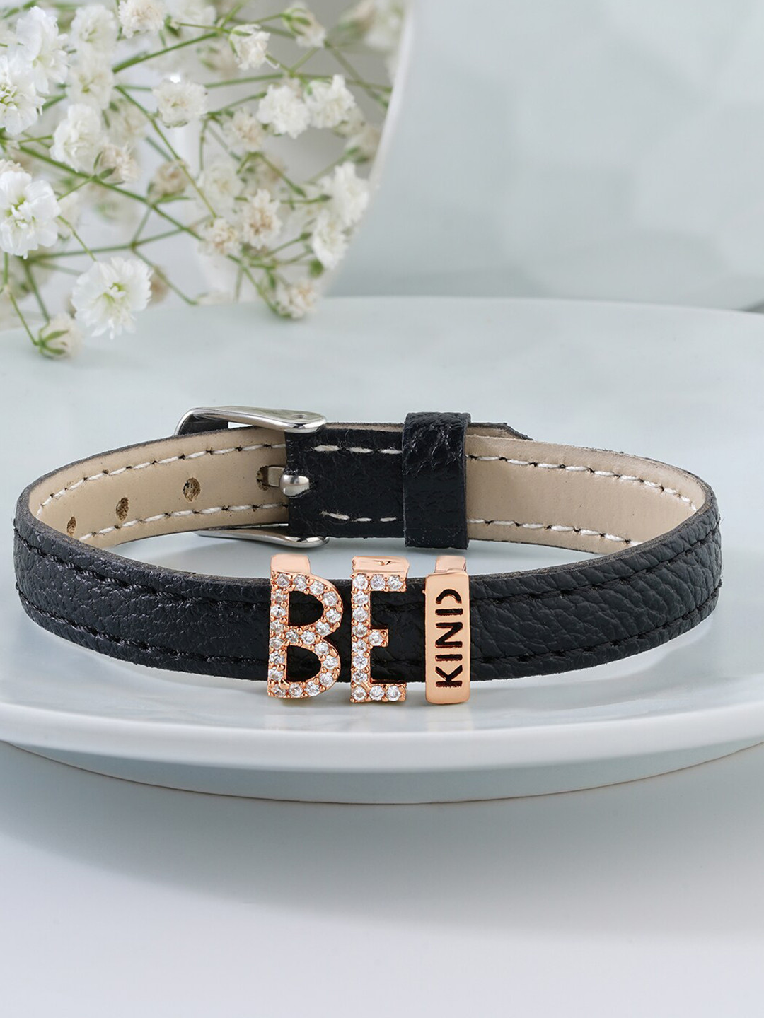 MINUTIAE Women Rose Gold-Plated Black & White Crystals Anti-Tarnish Vegan Leather Bracelet