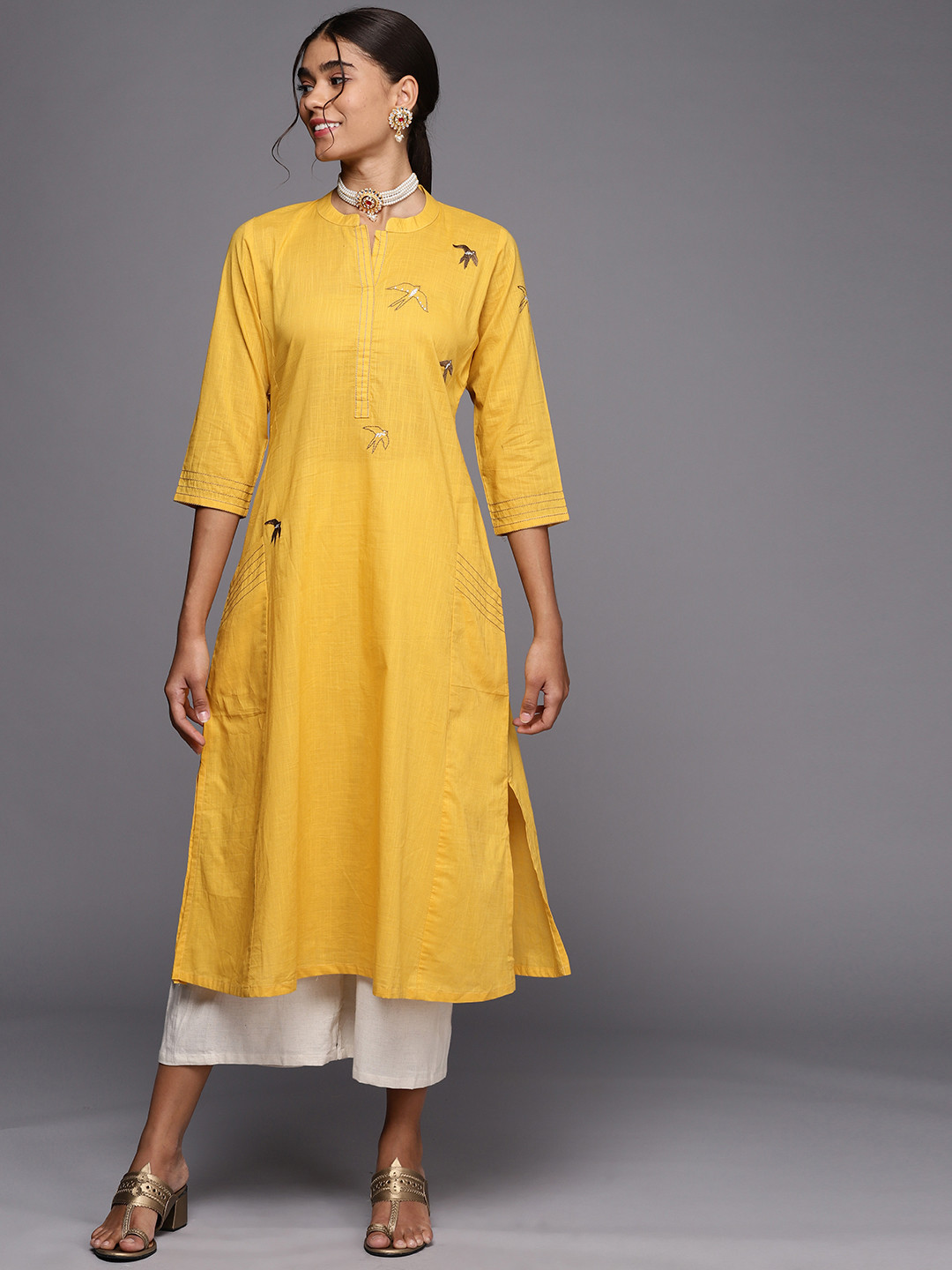 PINKSKY Women Yellow Embroidered Panelled Thread Work Pure Cotton Kurta with Palazzos