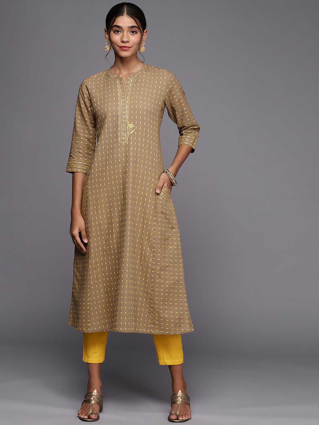 PINKSKY Women Brown & Yellow Printed Thread Work Pure Cotton Kurta with Trousers
