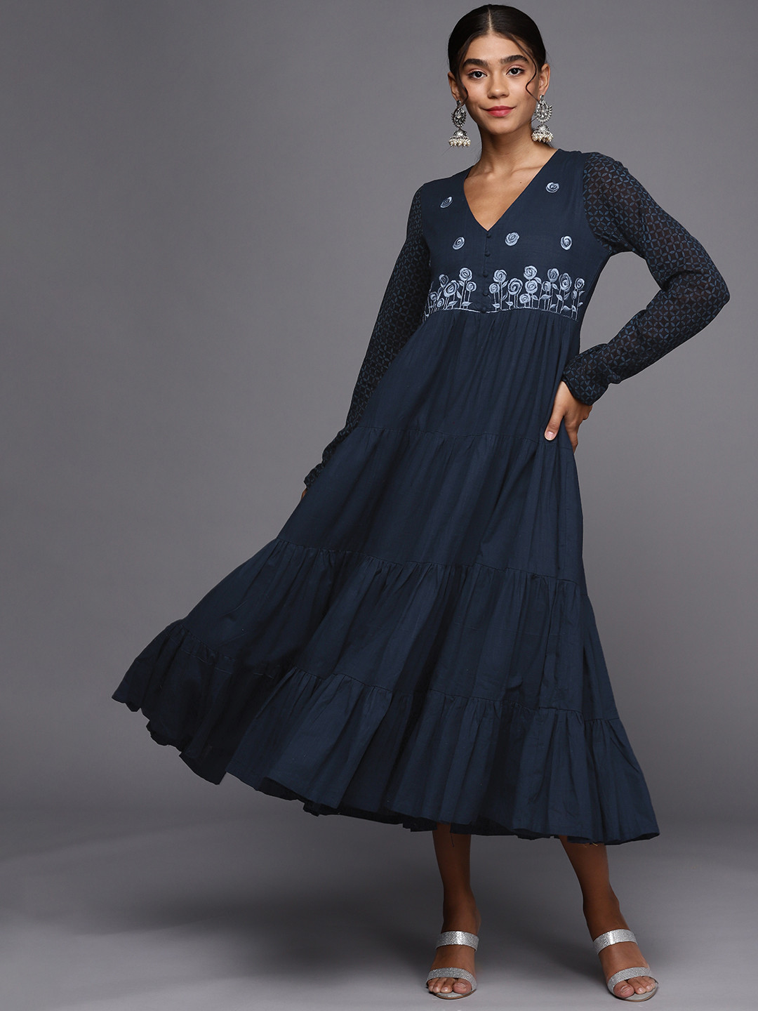 PINKSKY Navy Blue Floral Embroidered A-Line Midi Dress