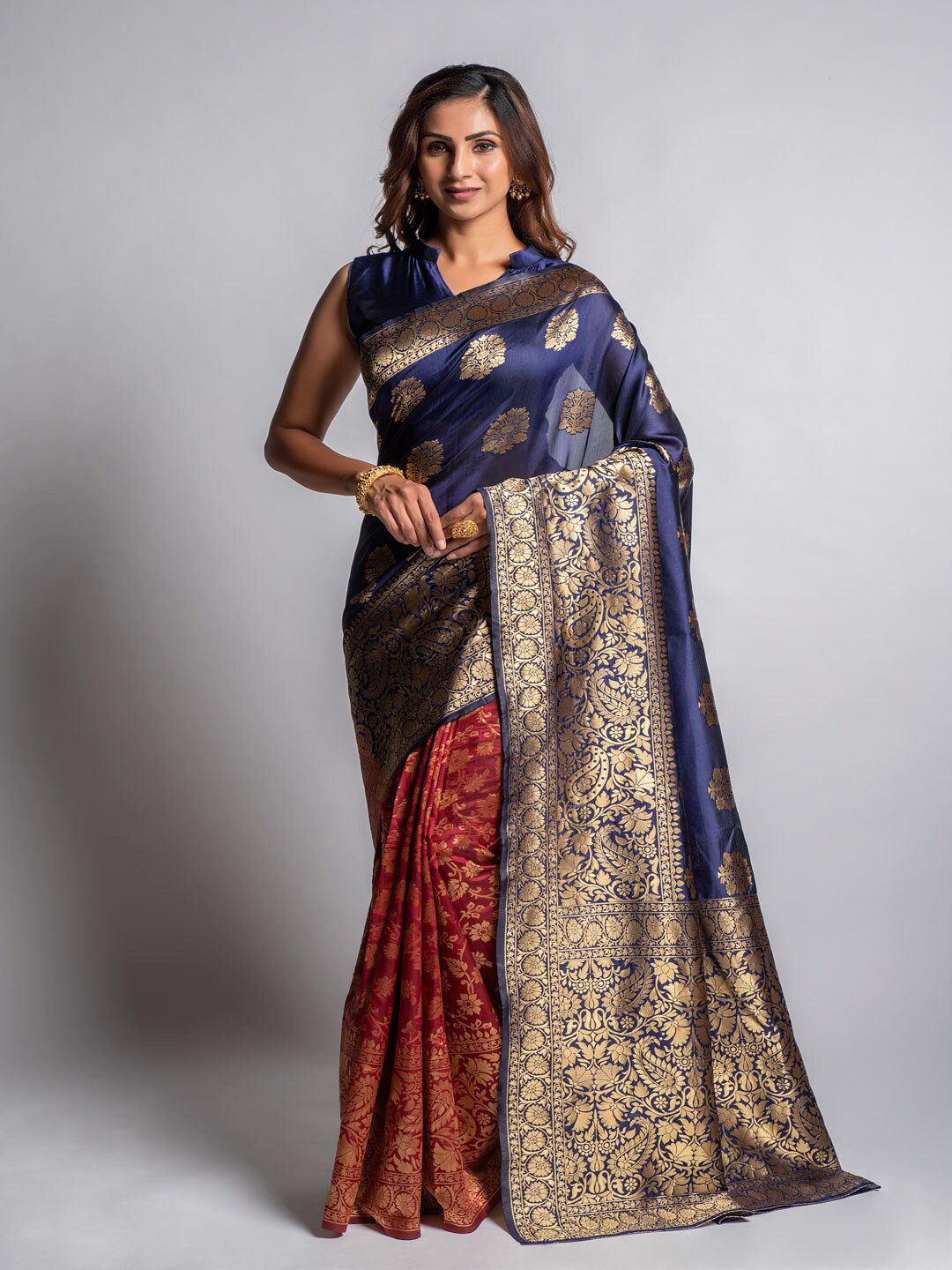 Lilots Navy Blue & Brown Woven Design Silk Blend Half and Half Kota Saree