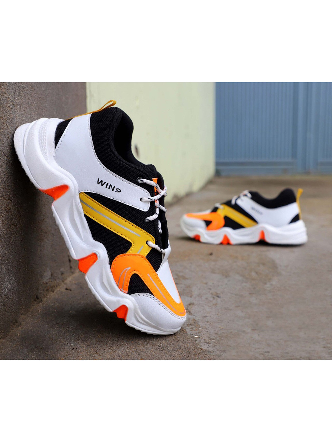 WIN9 Men Black & Orange Mesh Walking Bounce Non-Marking Shoes