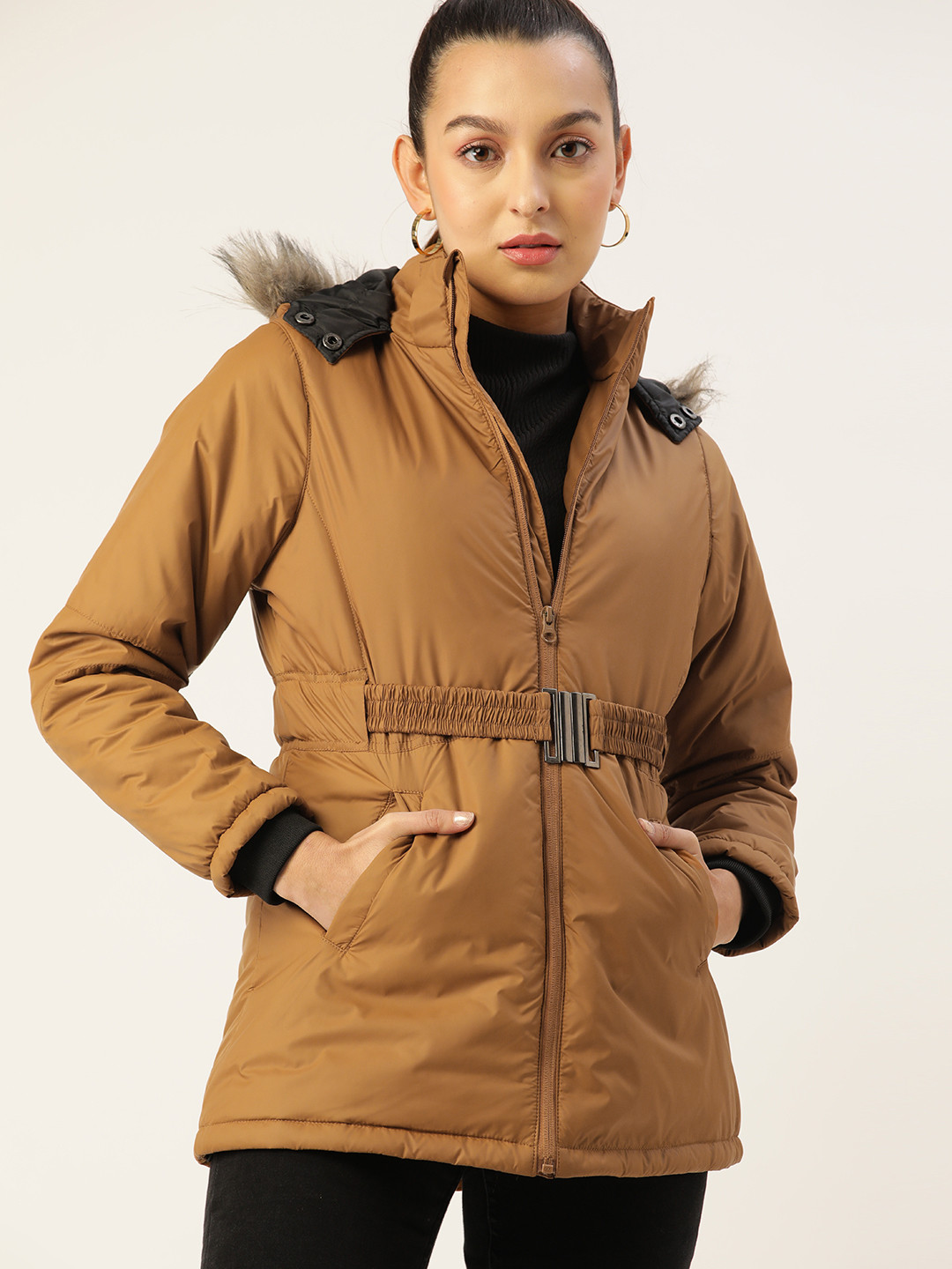 DressBerry Women Brown Longline Parka Jacket