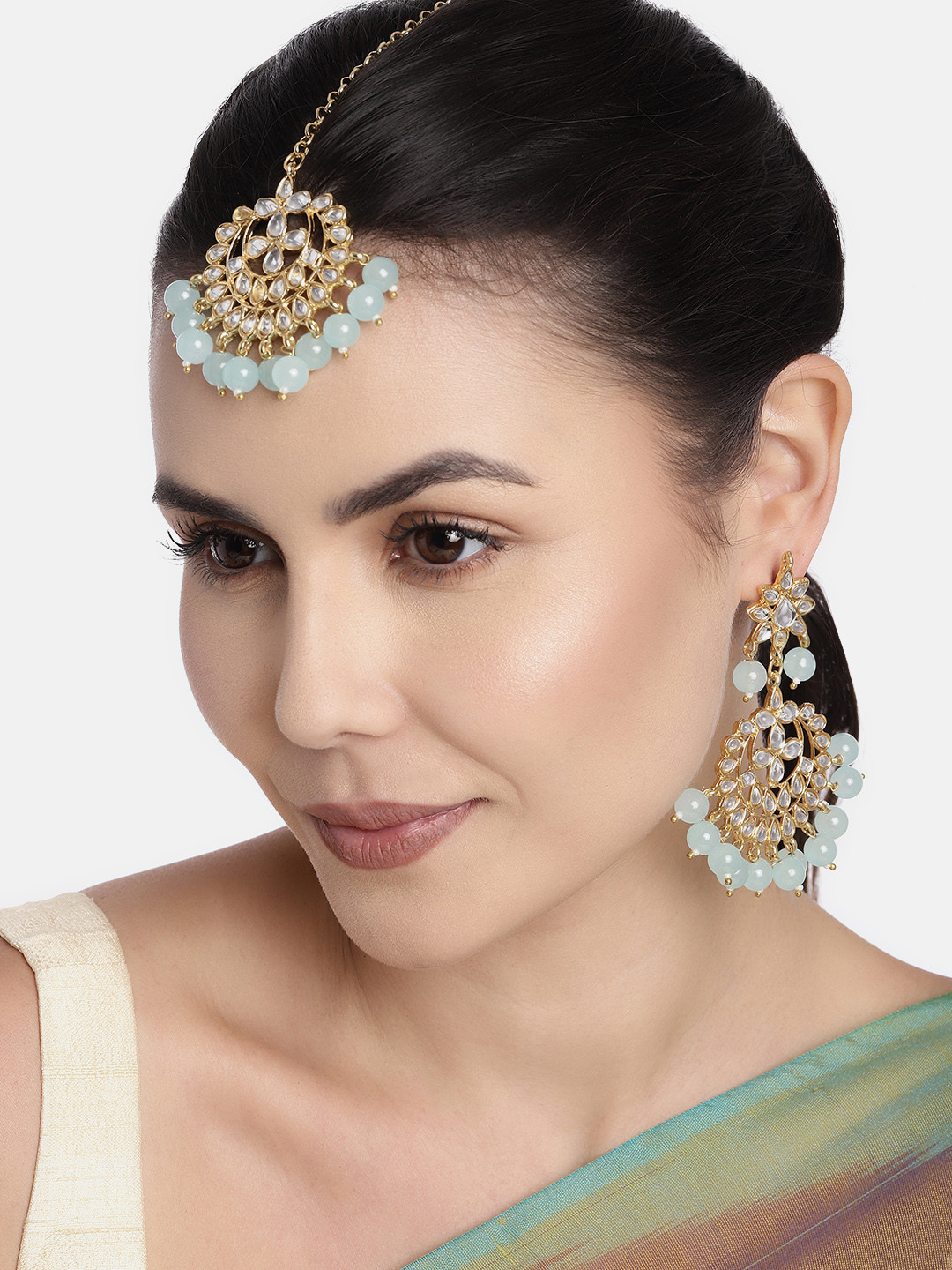 I Jewels Blue & White Floral Studded Gold Plated Jewellery Set