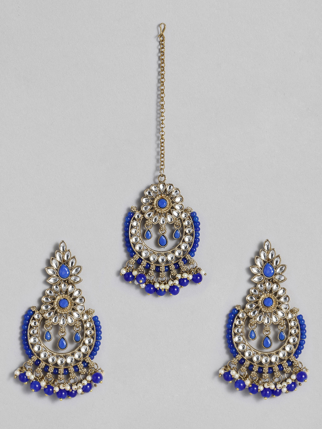 I Jewels Navy Blue & White Floral Studded Gold Plated Jewellery Set