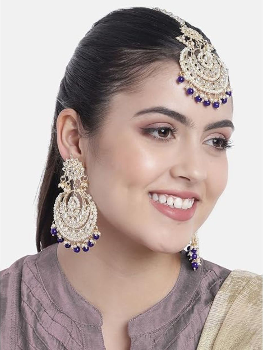 I Jewels Navy Blue & White Studded Gold Plated Jewellery Set