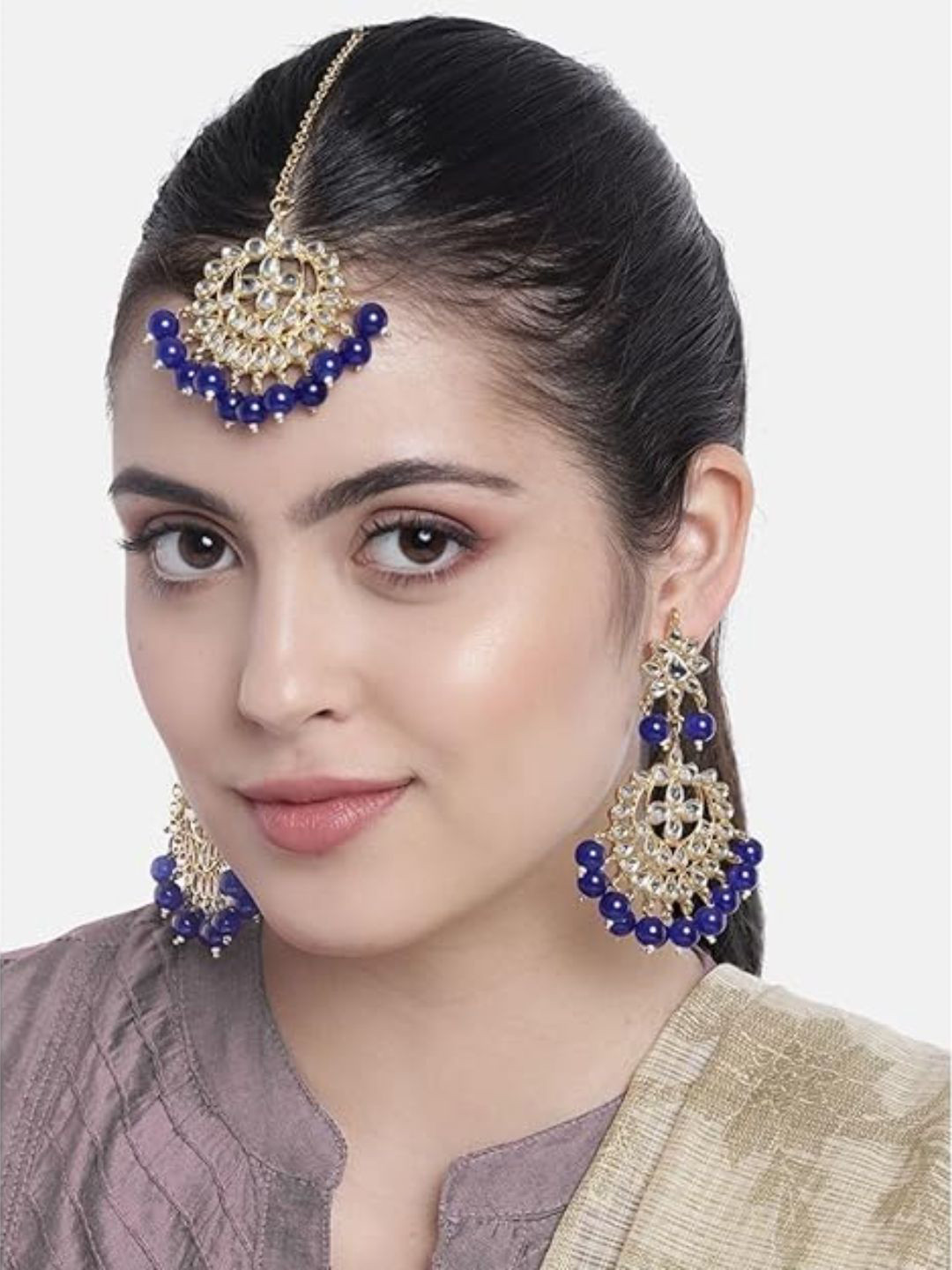 I Jewels Gold Plated & Navy Blue Studded Maang Tikka with Earring Set