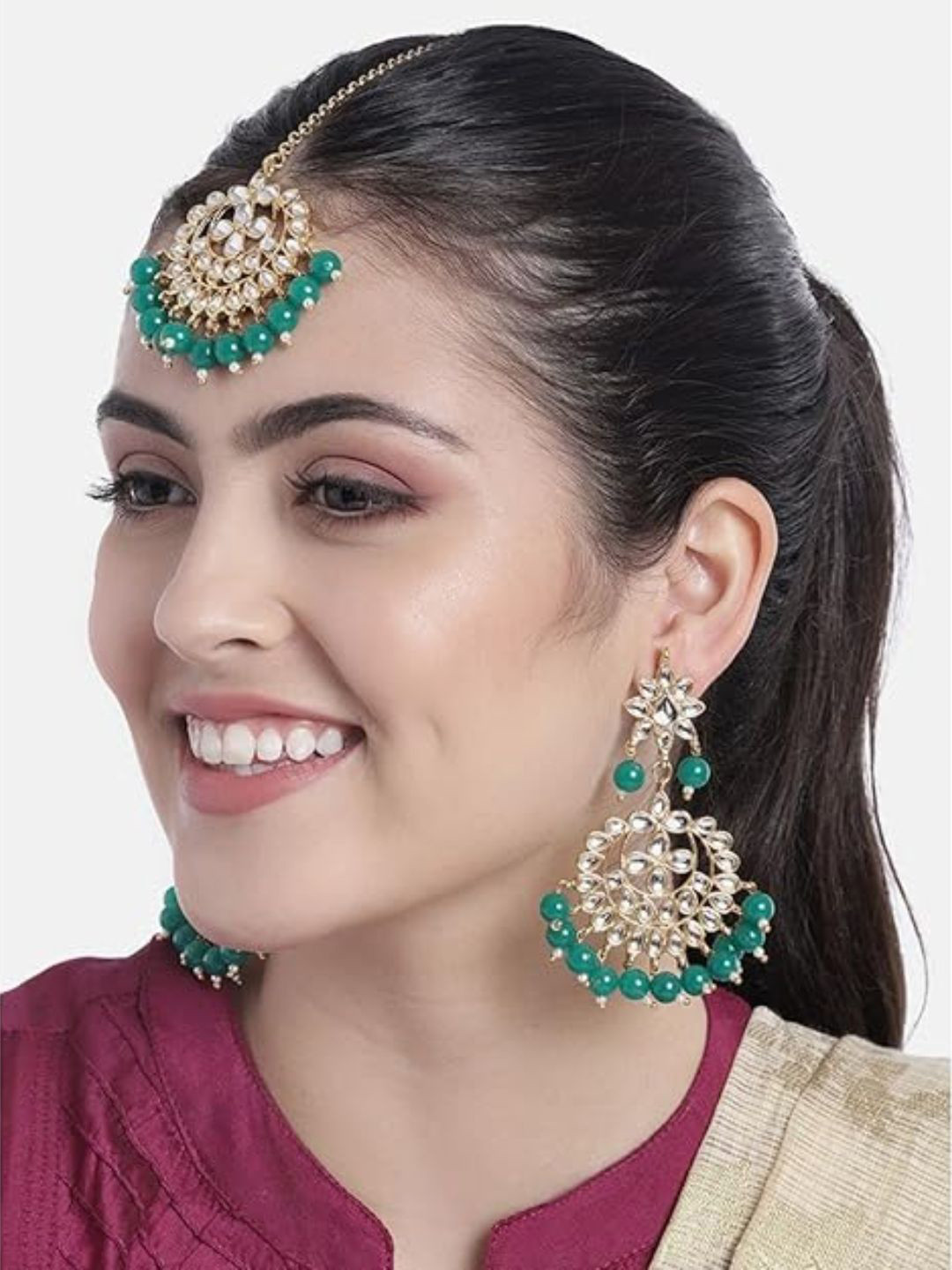 I Jewels Gold Plated & Green Studded Maang Tikka with Earring Set