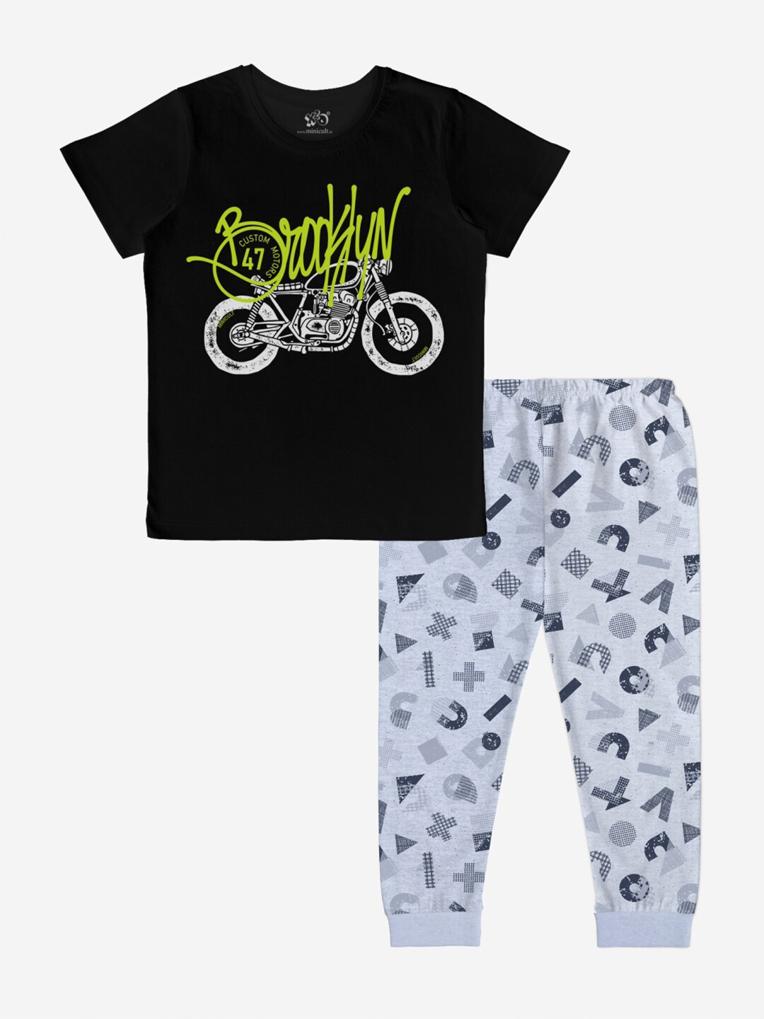 x2o Boys Black Printed Pure Cotton T-shirt with Pyjamas
