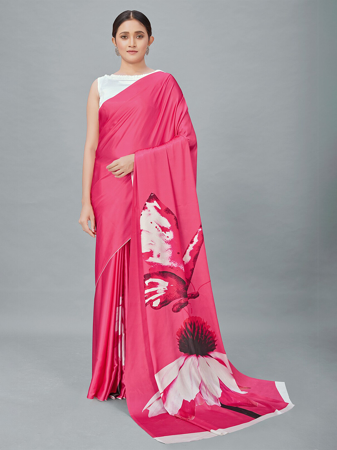 MONJOLIKA FASHION Pink & White Floral Digital Print Satin Saree