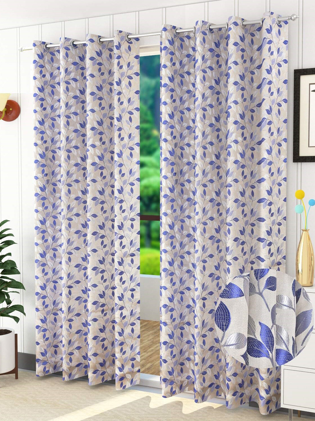 Fresh From Loom Blue & Beige Set of 2 Floral Room Darkening Door Curtains