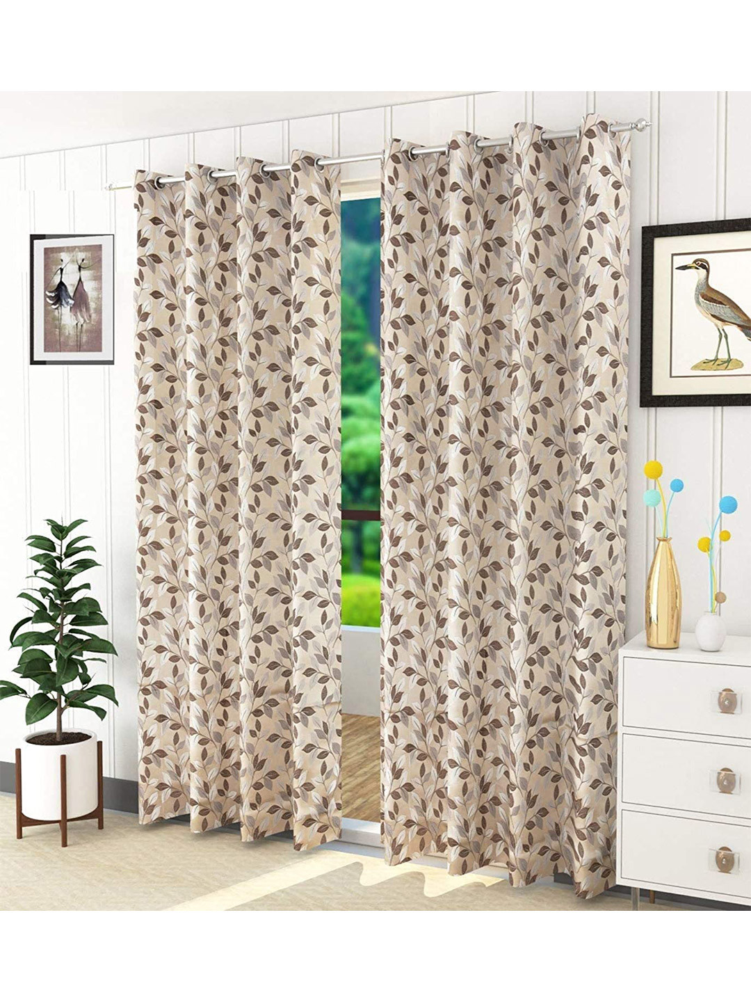 Fresh From Loom Brown & Silver-Toned Set of 2 Floral Room Darkening Long Door Curtains