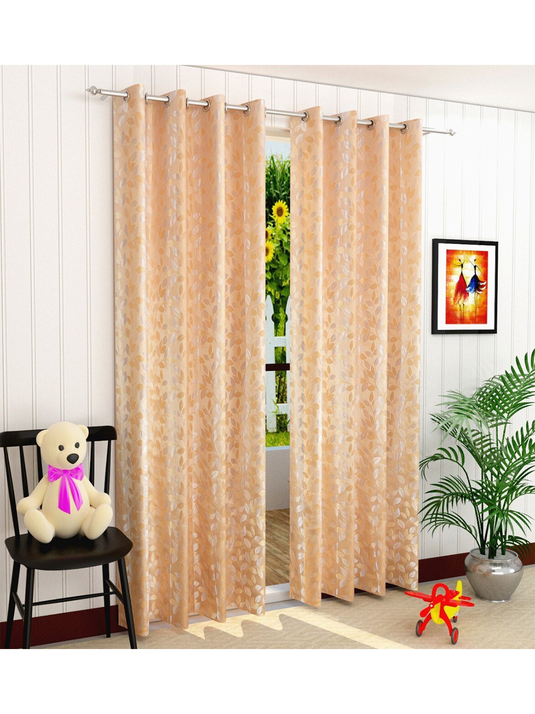 Fresh From Loom Peach-Coloured & Silver-Toned Set of 2 Floral Room Darkening Window Curtain