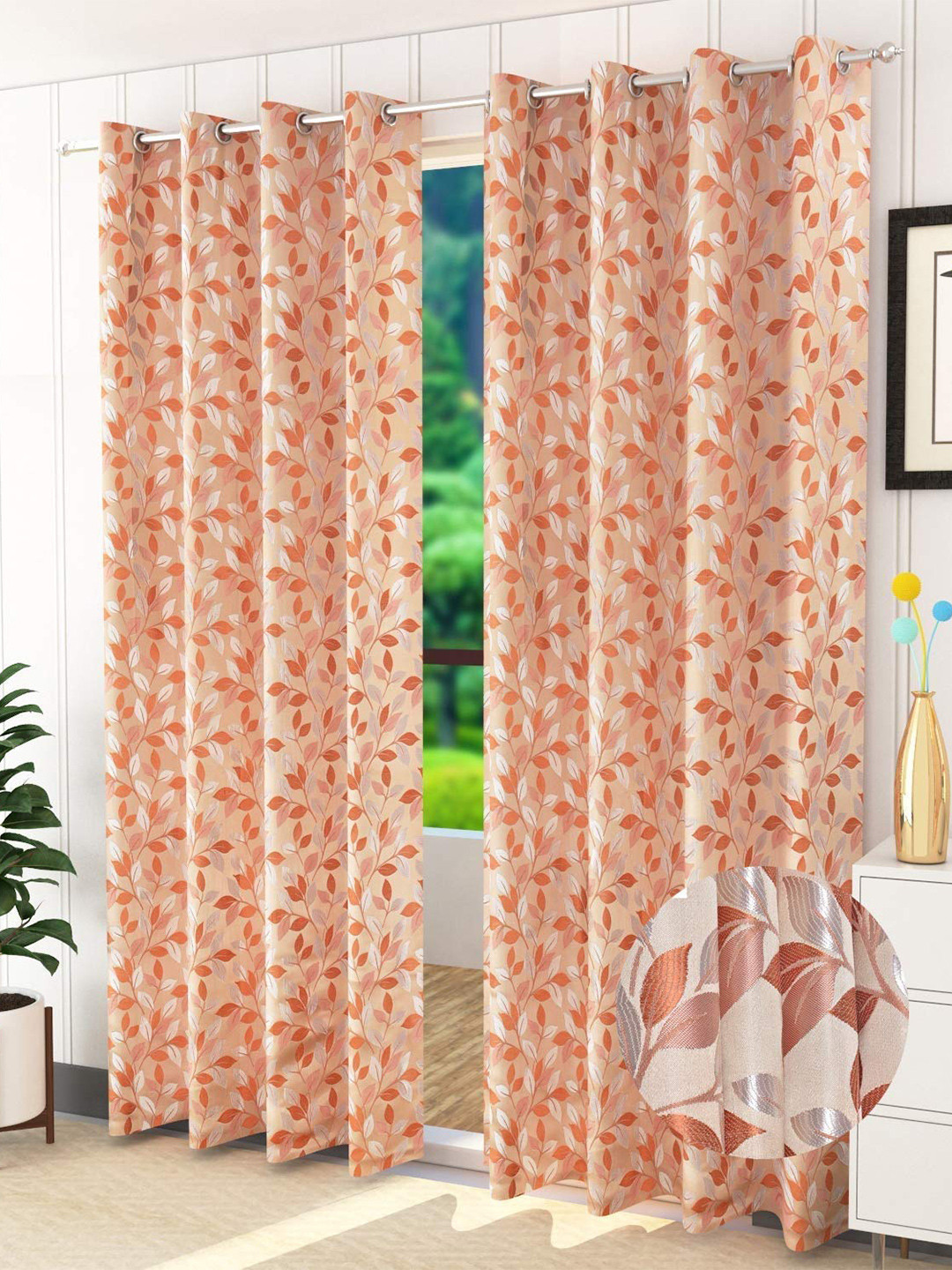 Fresh From Loom Orange & Pink Set of 2 Floral Room Darkening Long Door Curtain