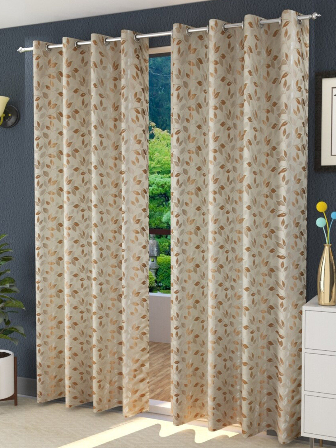 Fresh From Loom Khaki & Silver-Toned Set of 2 Floral Room Darkening Door Curtain