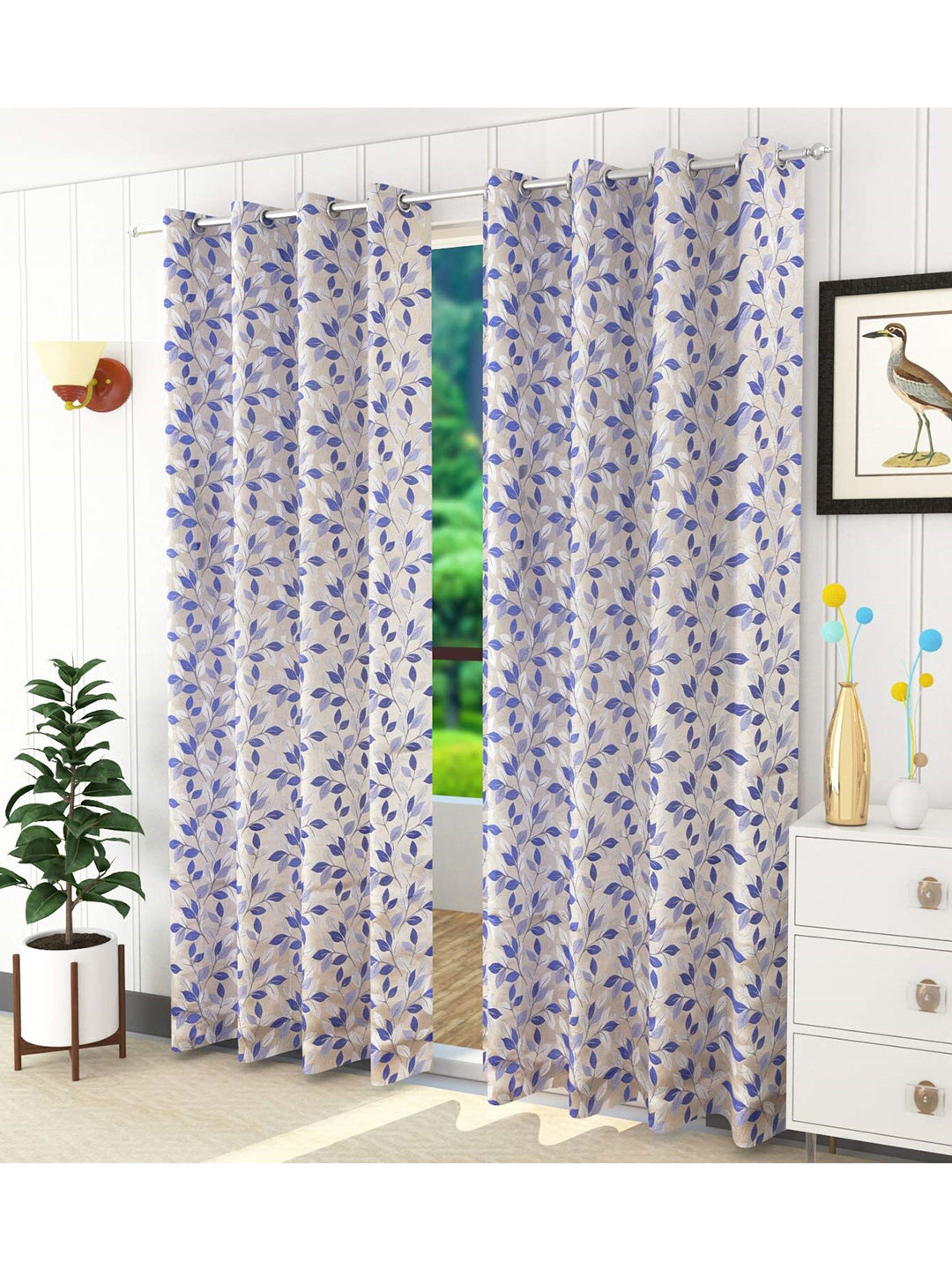 Fresh From Loom Blue & Beige Set of 2 Room Darkening Window Curtain