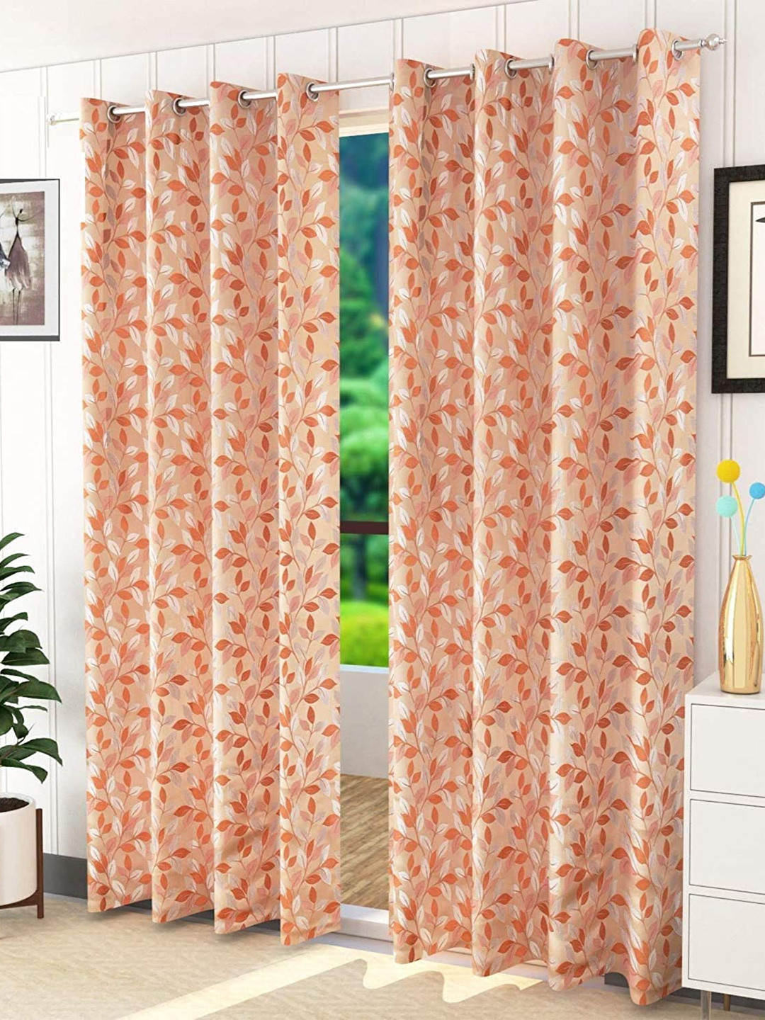 Fresh From Loom Orange & Beige Set of 2 Room Darkening Door Curtain