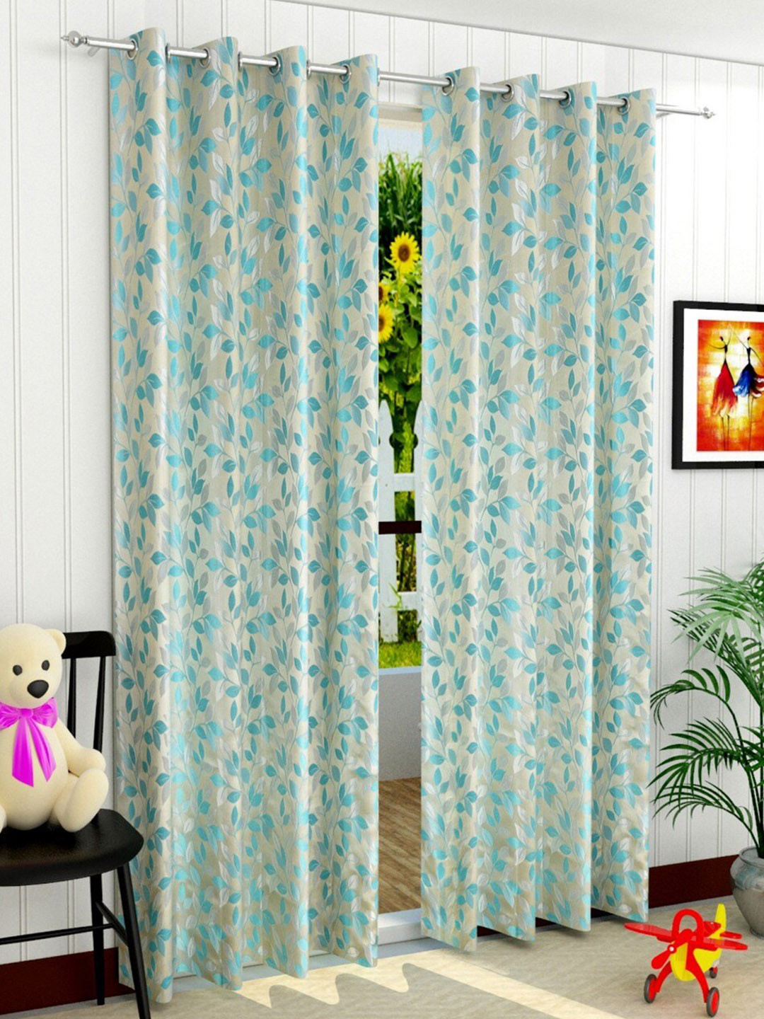 Fresh From Loom Turquoise Blue & Silver-Toned Set of 2 Floral Room Darkening Door Curtain
