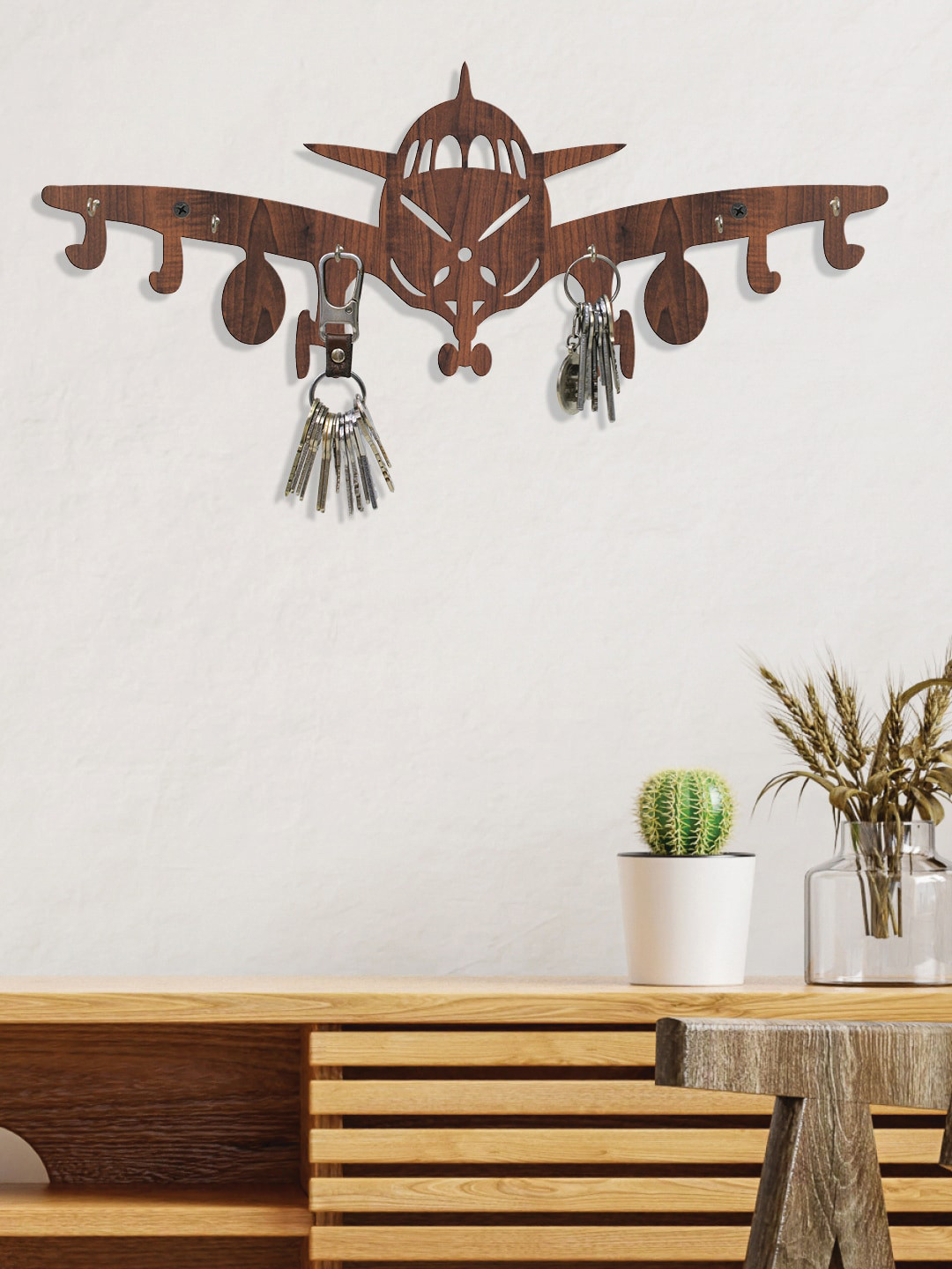 RANDOM Set of 2 Coffee Brown Aeroplane Wall Hanging Key Holder