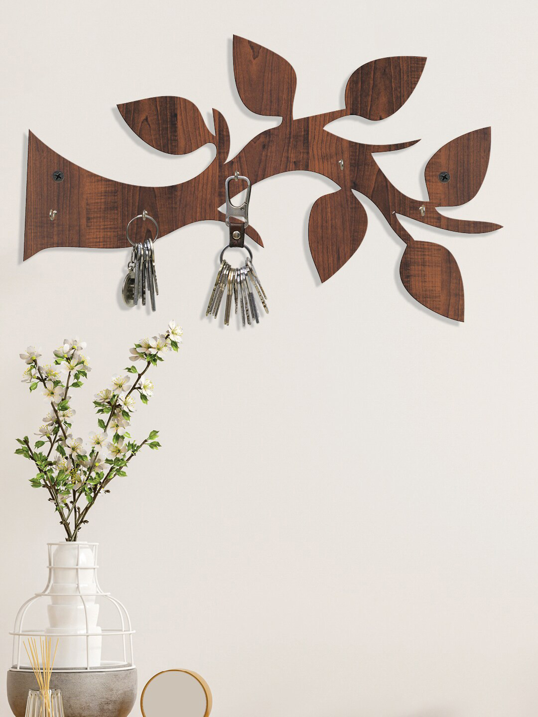 RANDOM Set of 2 Coffee Brown Solid Tree Branch Wall Hanging Key Holder With 5 Hooks