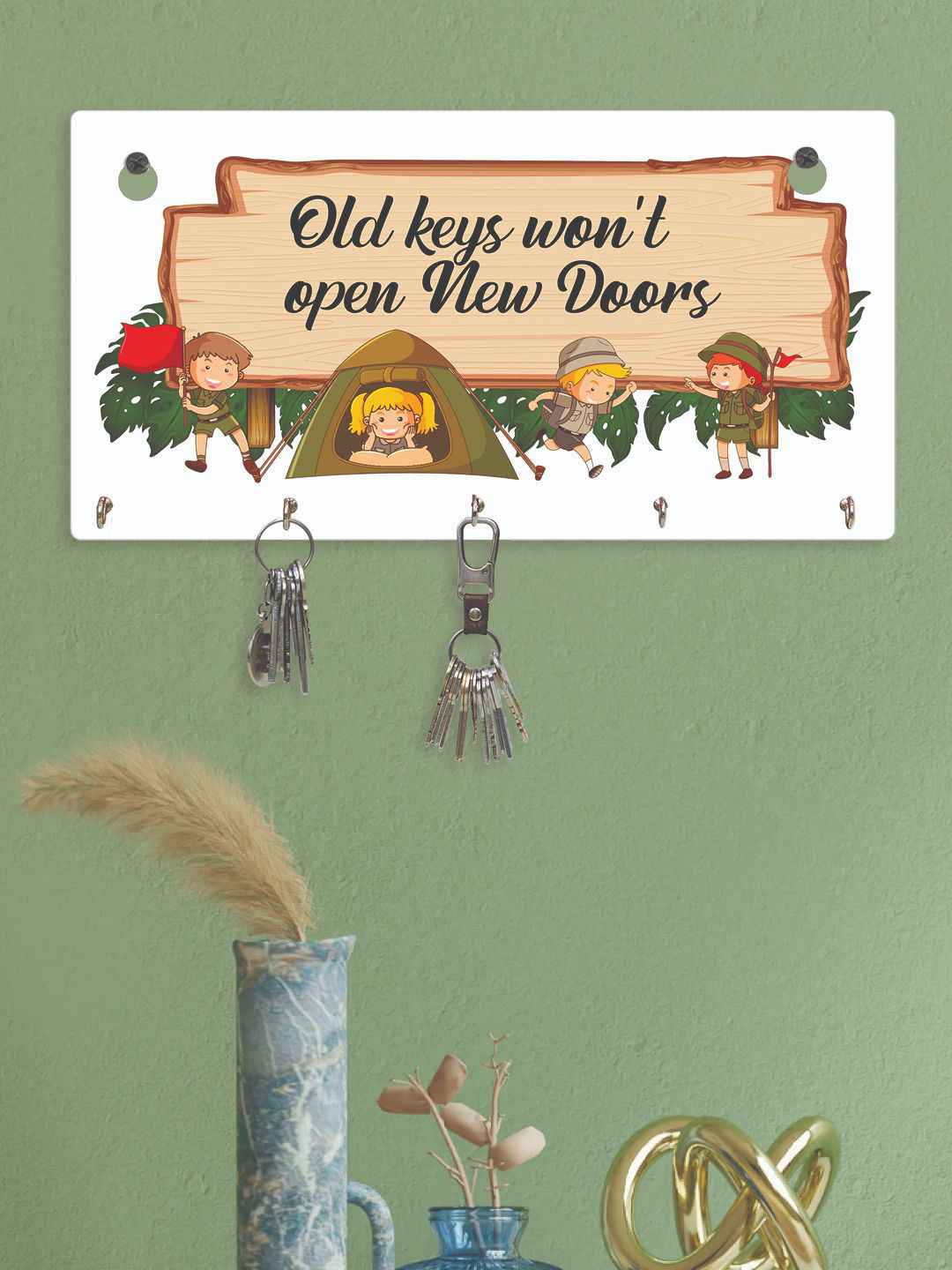 RANDOM Set of 2 Brown Motivational Quotes Wall Hanging Key Holders with 5 Hooks