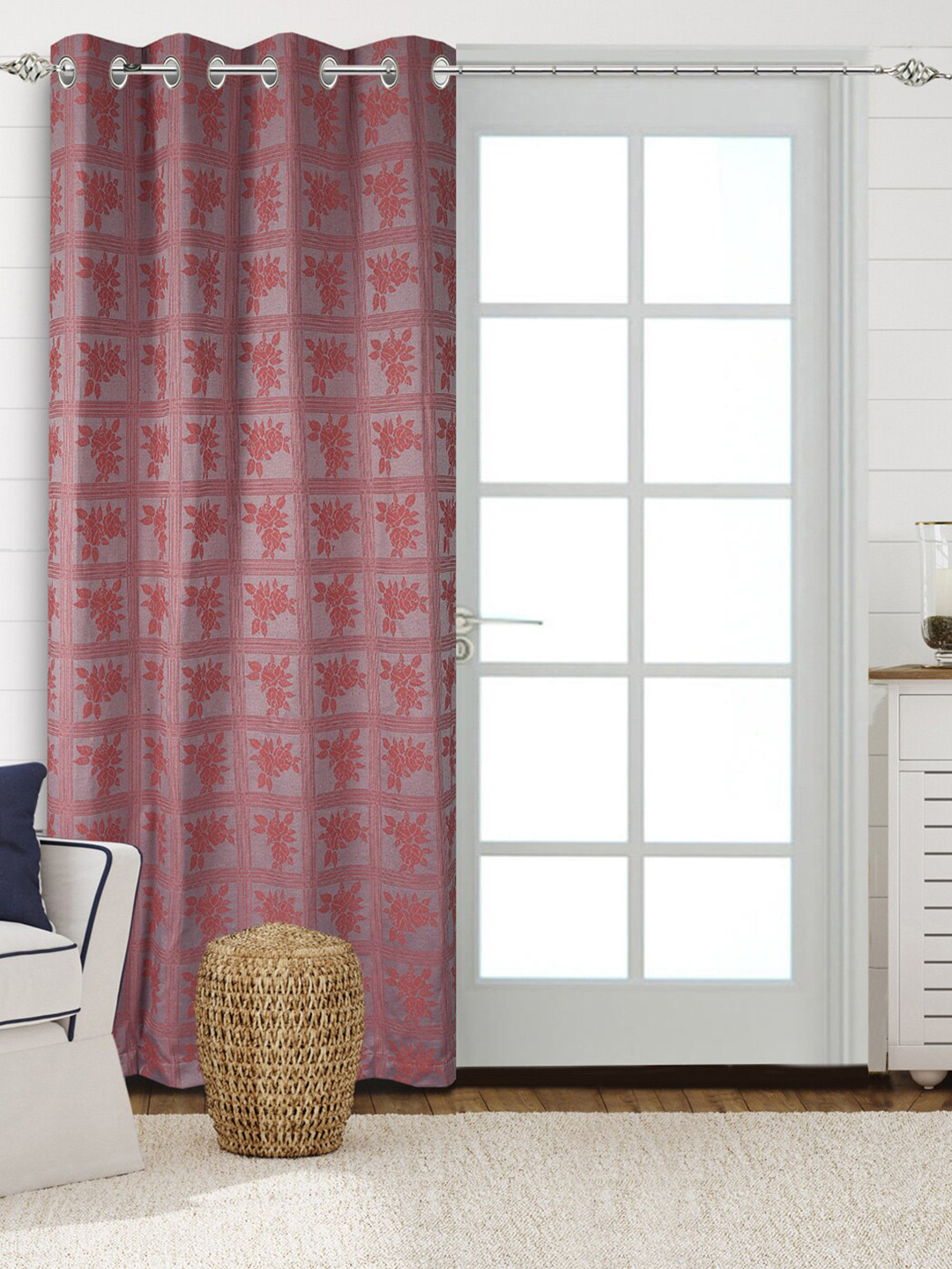 Saral Home CHECKRO Cotton Set of 1 Rust Long Door Curtains