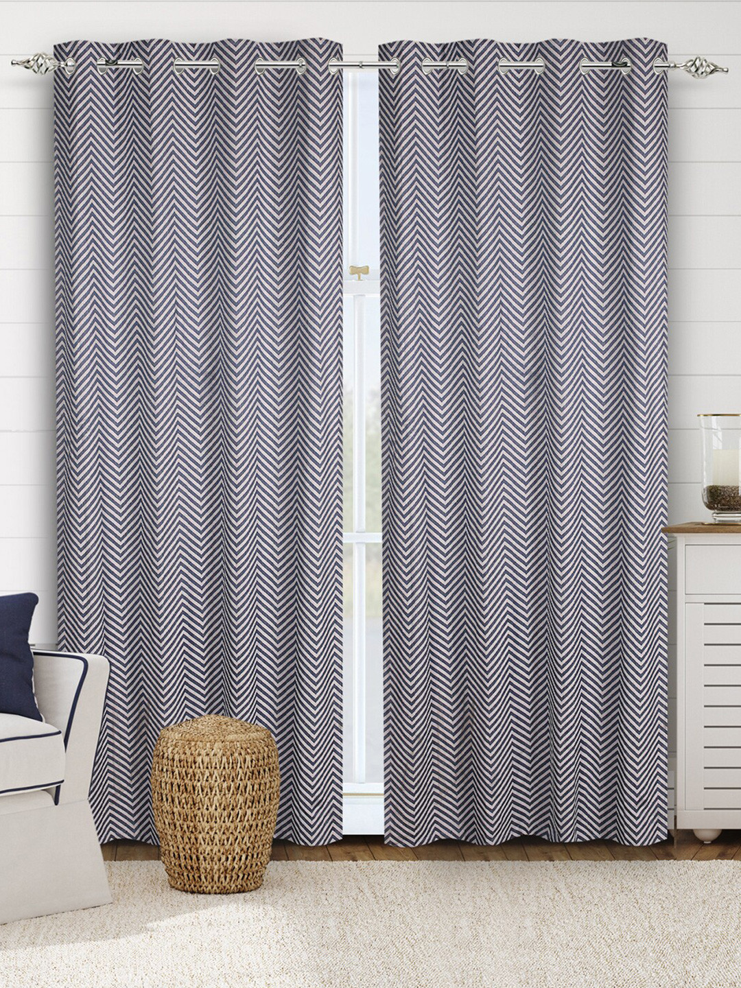 Saral Home Chevron Cotton Set of 2 Blue Long Door Curtains