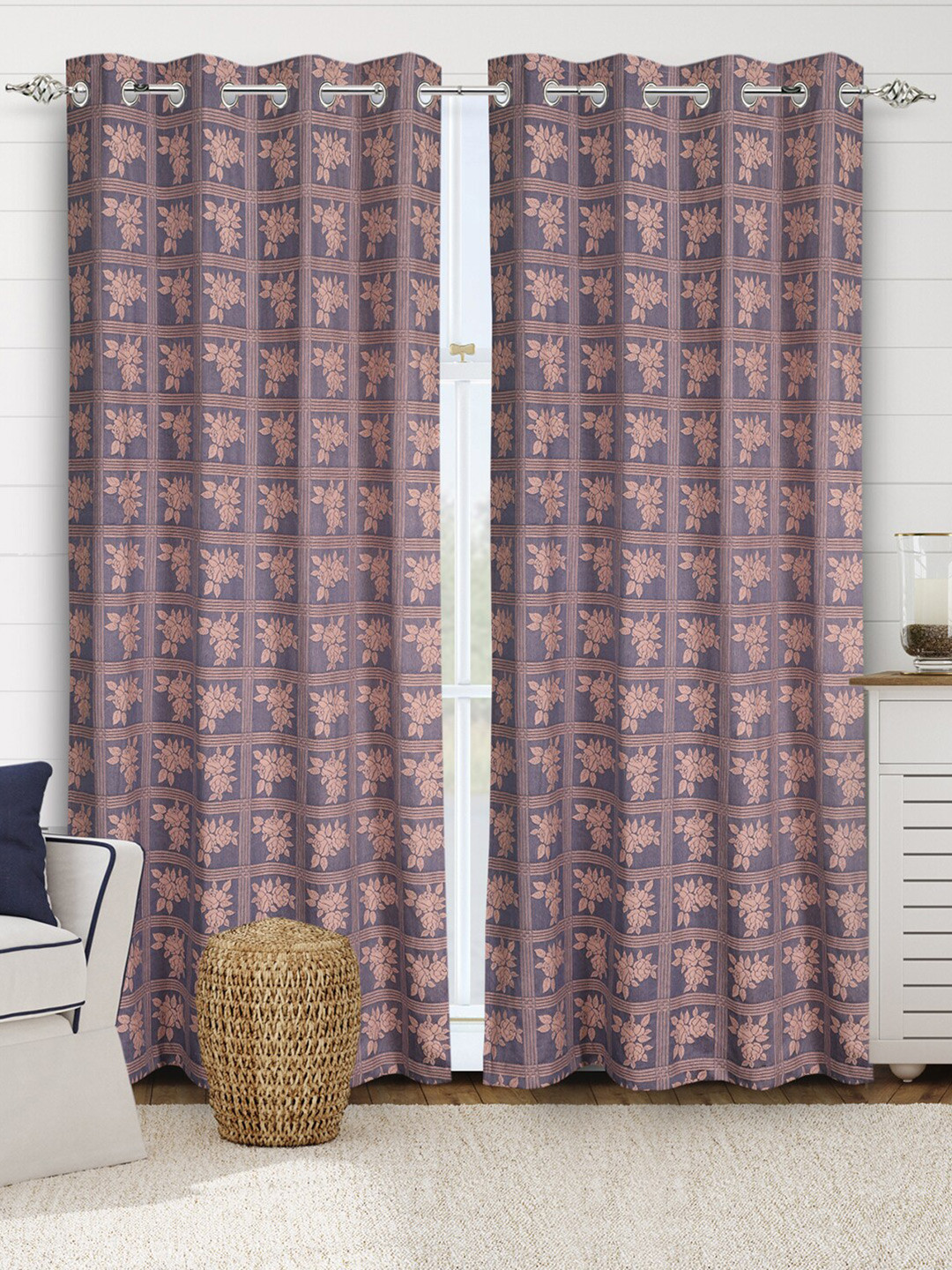 Saral Home CHECKRO Cotton Set of 2 Blue Long Door Curtains