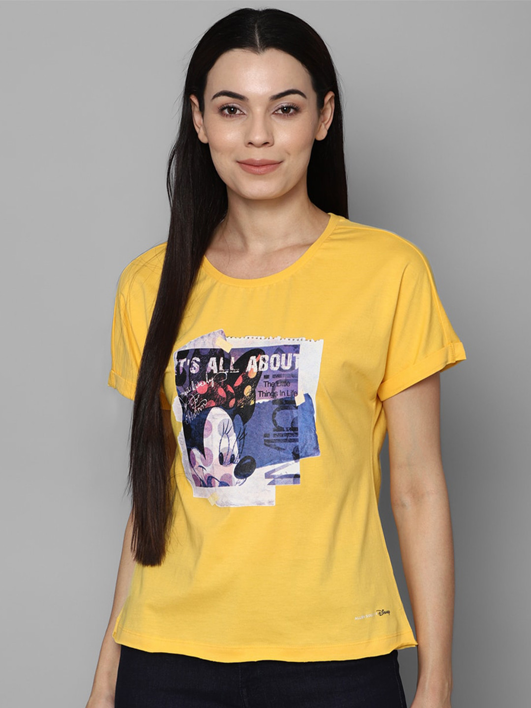 Allen Solly Woman Yellow Minnie Mouse Printed Cotton Extended Sleeves T-shirt